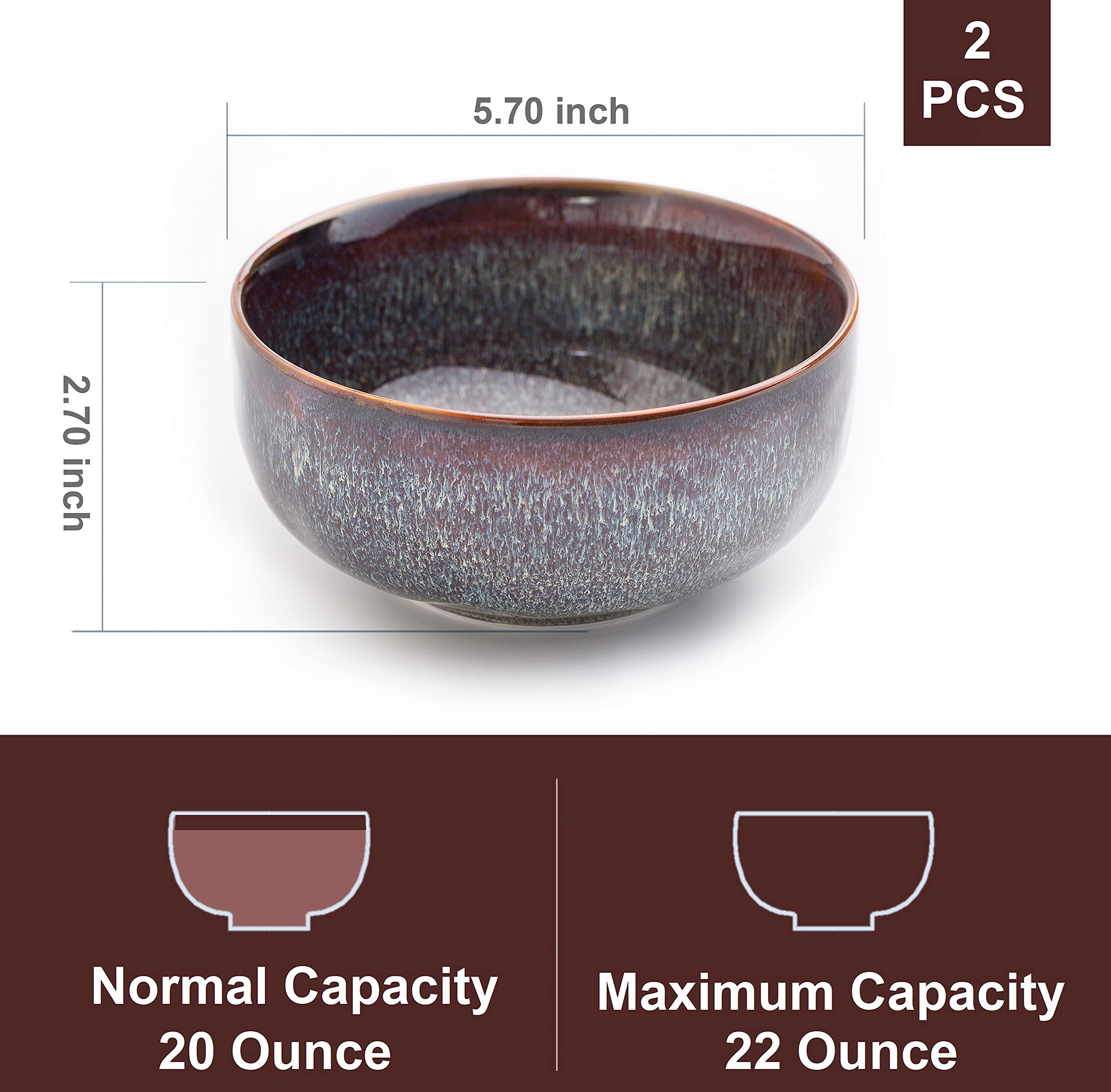 2-Pack Ceramic Serving Bowls - 22oz (5.75 Inch) Salad, Soup & Cereal Bowls for Kitchen | Microwave & Dishwasher Safe | Perfect for Family Dinners, Entertaining & Meal Prep
