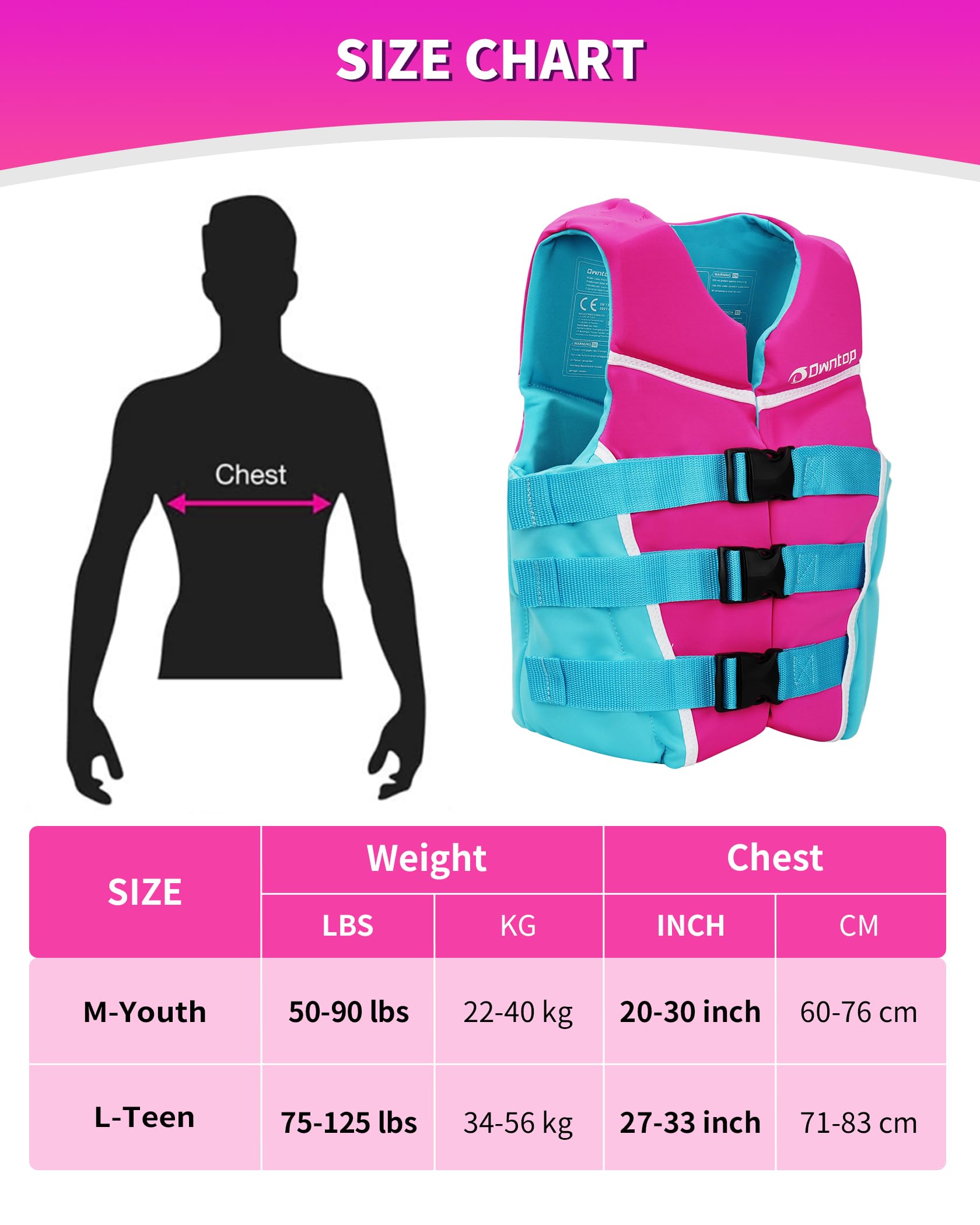 Owntop Youth Swim Vest - Lightweight & Breathable Life Jacket with Adjustable Safety Straps | High-Visibility Colors for Swimming Training, Kayaking & Boating | Fits Kids 50-125 lbs | Perfect for Pool, Lake & Beach Water Activities