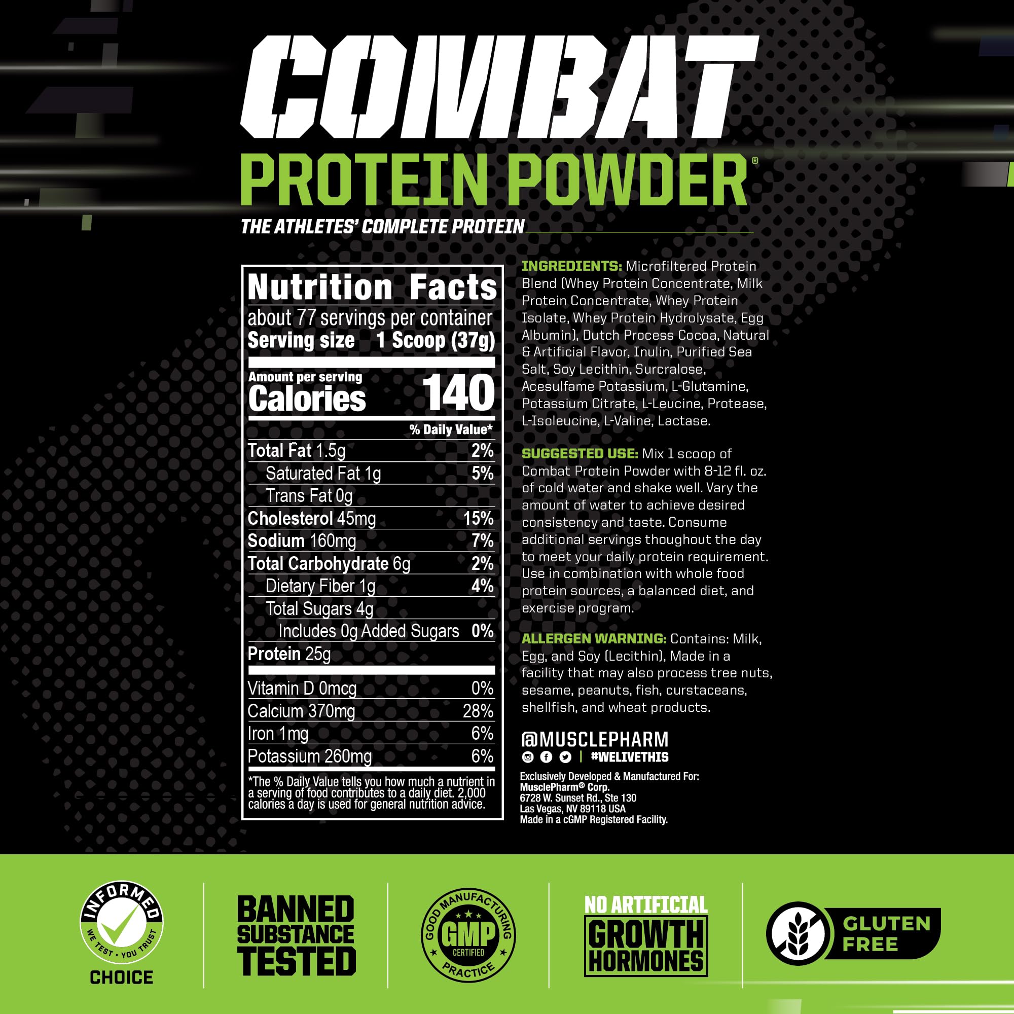 MusclePharm Combat Protein Powder - Chocolate Milk Flavor, 6.2lb (77 Servings) | Whey Protein Isolate & Egg Albumin Blend | Gluten Free Muscle Recovery Supplement for Post-Workout & Fitness Nutrition | Ideal for Bodybuilding, Weight Training & Active Lifestyle