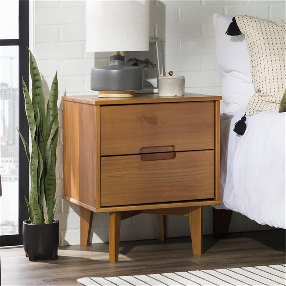 Walker Edison Mid Century Modern Wood Nightstand - 2 Drawer Bedside Table with Grooved Handle, Storage Shelf & Drawer, Caramel Finish - Perfect for Bedroom, Living Room, or Office Use