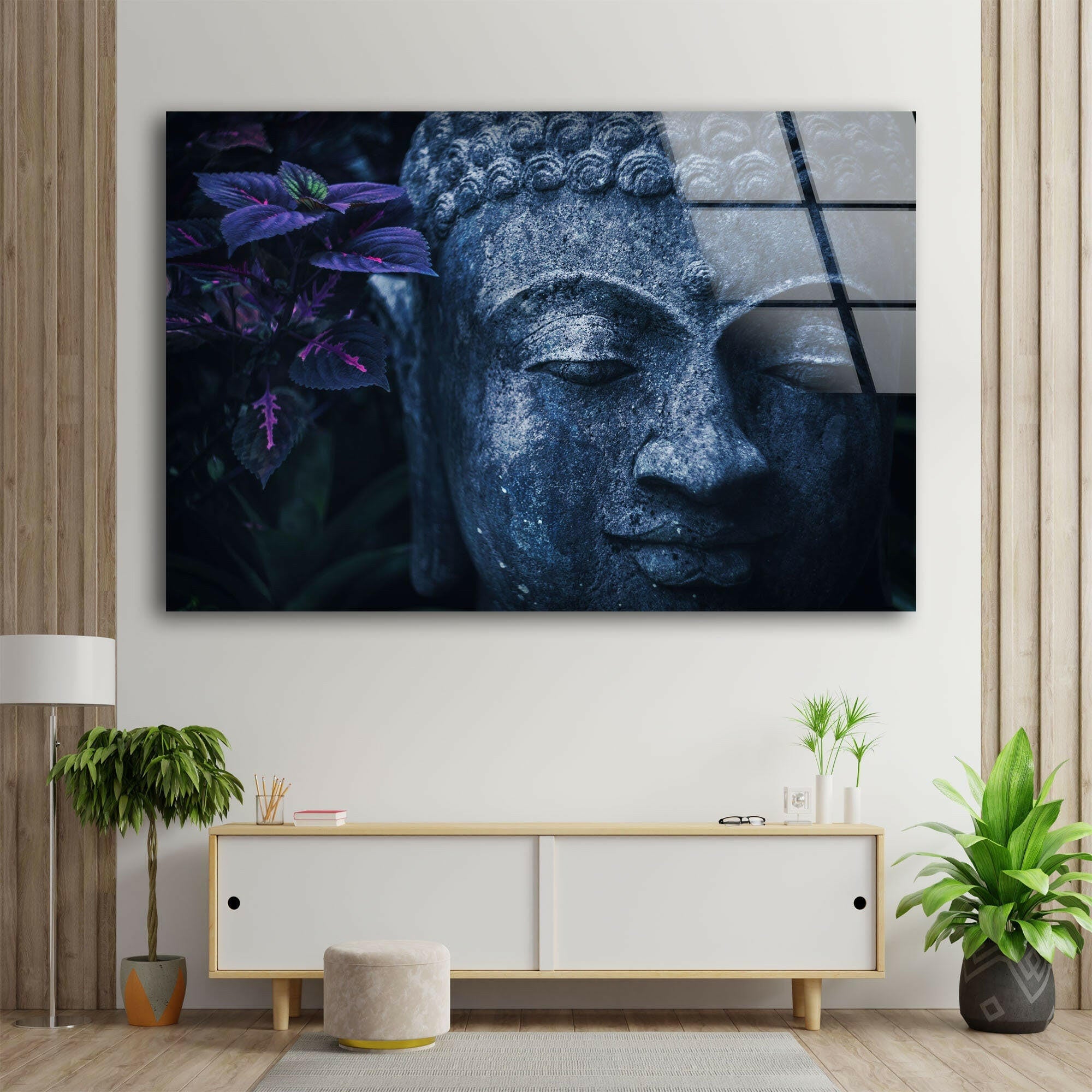 Blue Buddha Statue Glass Wall Art - Handmade Spiritual Decor for Home, Office & Meditation Spaces | Perfect for Yoga Studios, Zen Gardens & Asian-Inspired Interiors