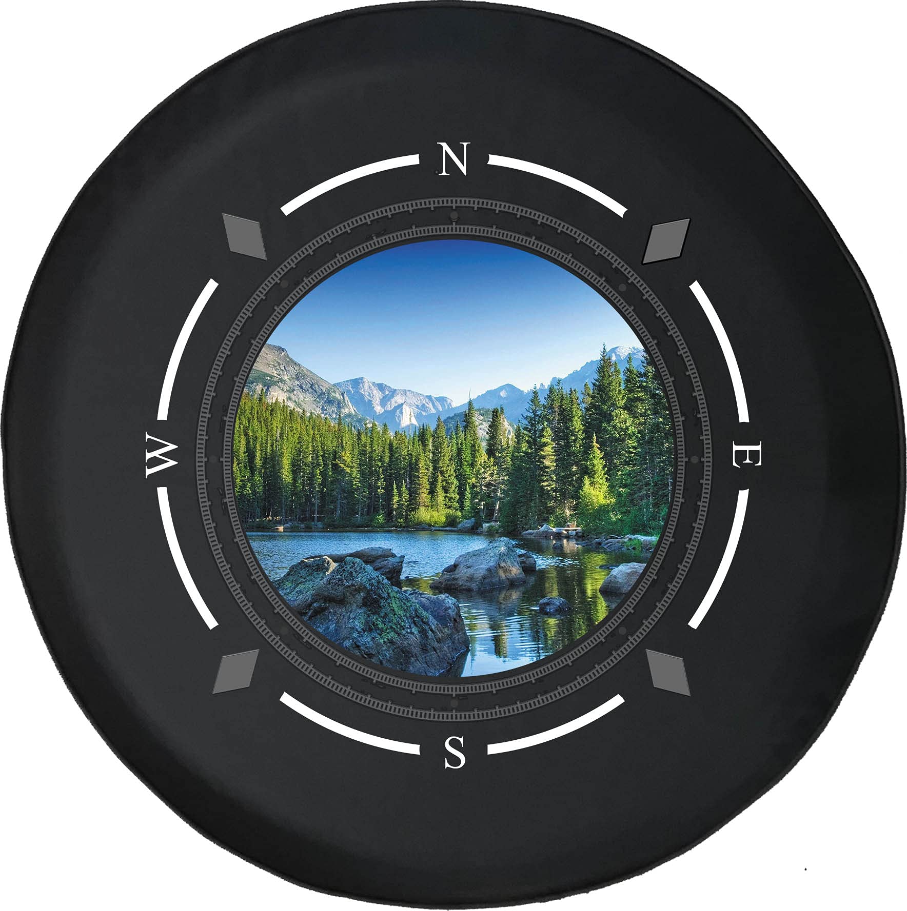 Premium American Unlimited Spare Tire Cover with Compass Design - Rocky Mountain Pines & Lake Scene - Universal Fit for SUV, Trailer, RV & Most Vehicles | Outdoor Adventure & Road Trip Accessories