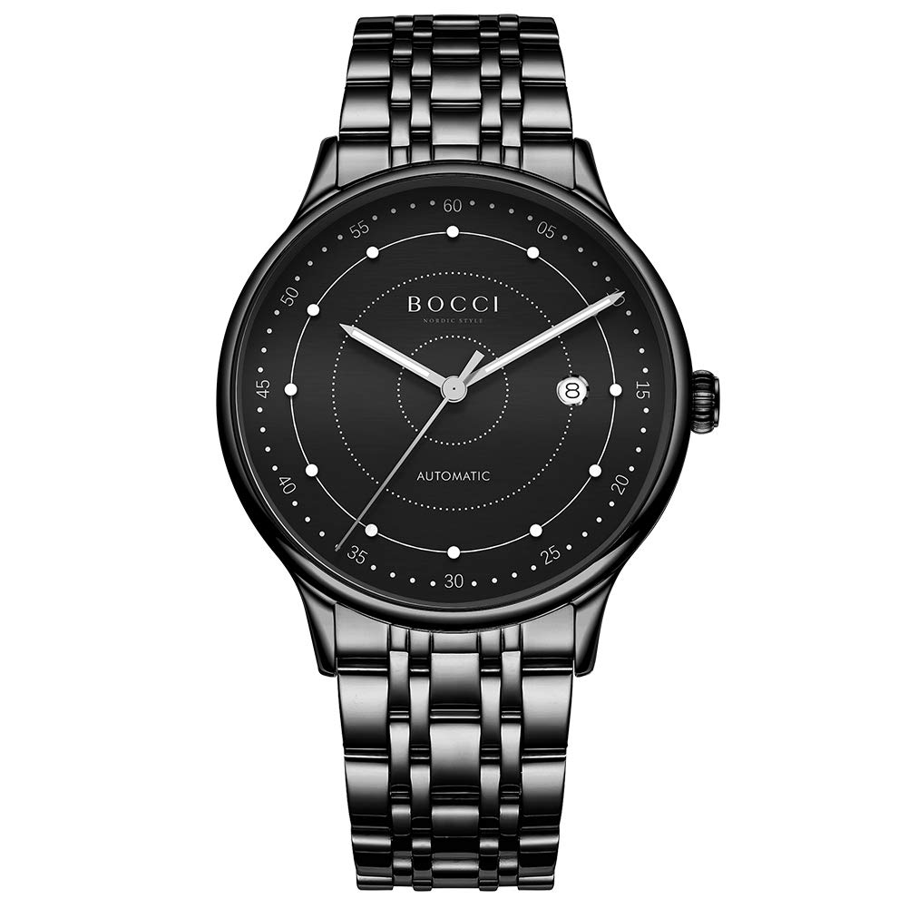 BOCCI Men's Automatic Watch - Minimalist Black Stainless Steel Mechanical Wristwatch with Luminous Hands | Dress, Business, Casual & Everyday Wear