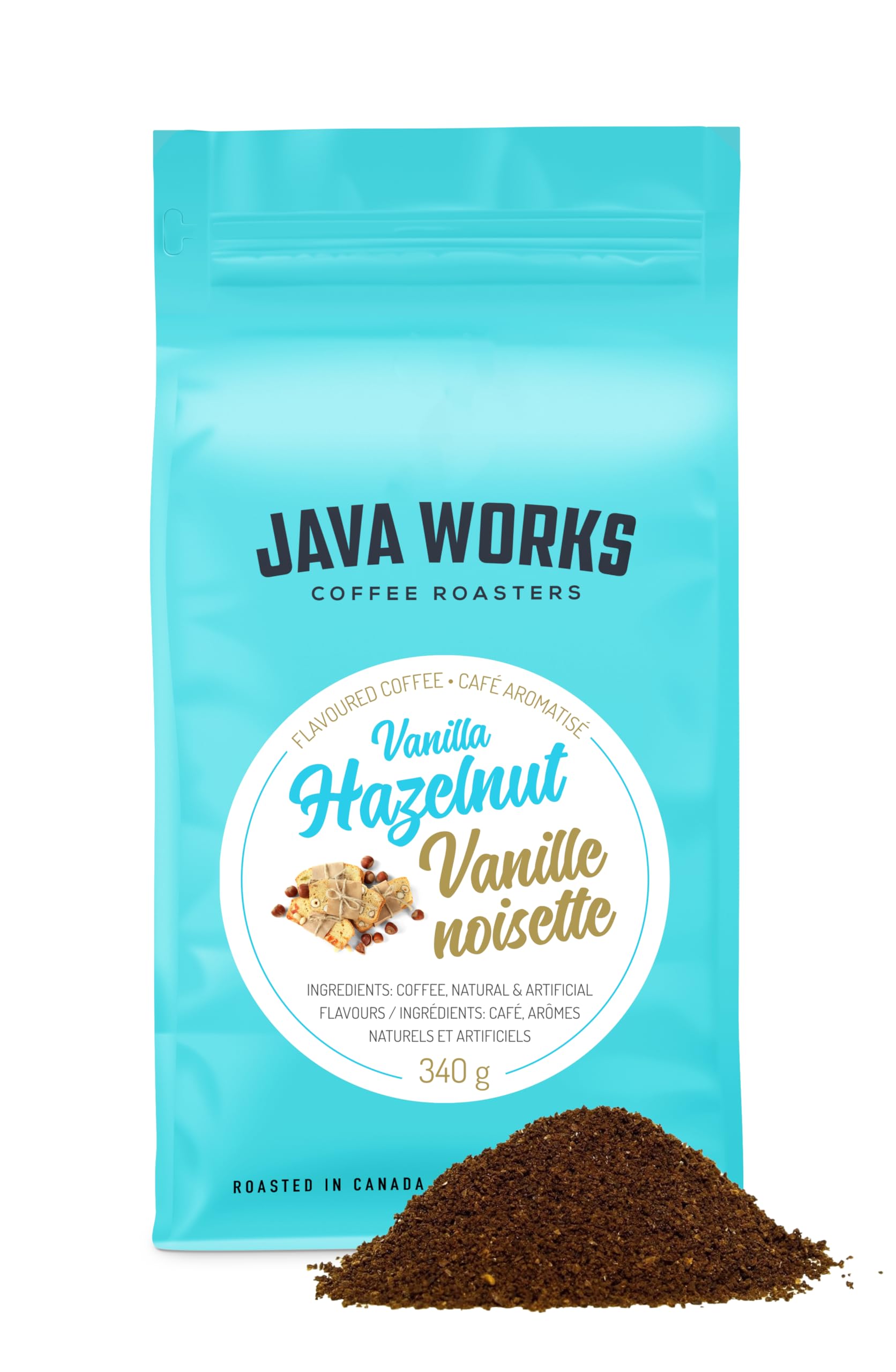 Java Works Coffee Vanilla Hazelnut Flavored Ground Coffee, 12oz (340g) - Rich & Aromatic Blend for Home Brewing, Office, or Gifts