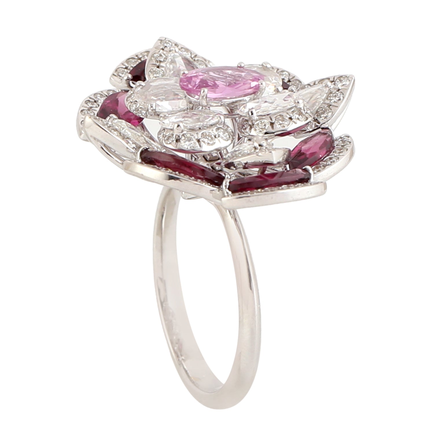 18K White Gold Marquise Ruby & Pink Sapphire Pave Diamond Ring with Rose Cut – Elegant Engagement, Wedding, Anniversary Gift for Her