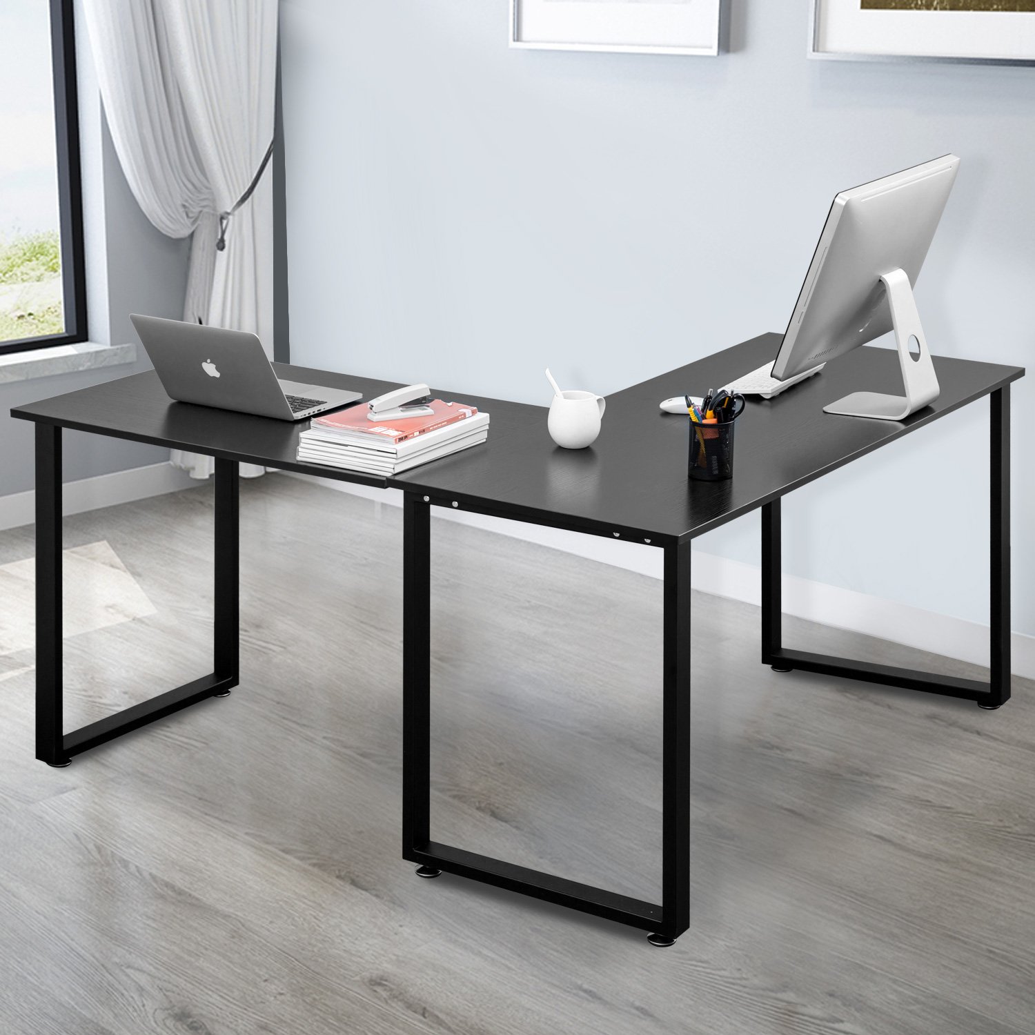 Modern L Shaped Desk Computer Corner Desk - Home Office Study Writing Workstation & Gaming Table with Wood & Steel Frame (Black) - Perfect for Small Spaces, Work from Home, and PC Gaming Setup