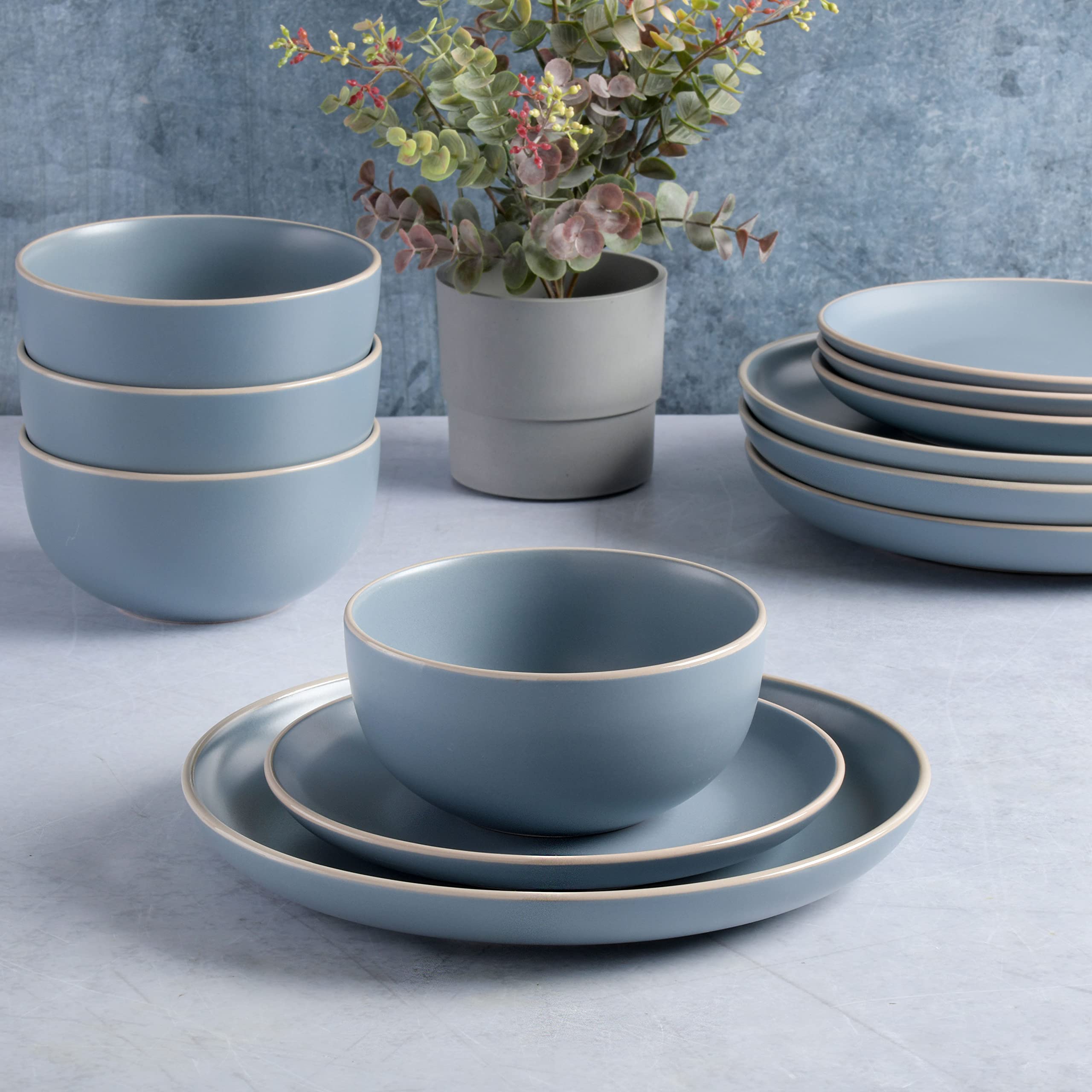 Gibson Home Rockaway Round Stoneware Dinnerware Set for 4 - 12 Piece Blue Ceramic Plates & Bowls | Elegant Table Setting for Family Dinners, Parties & Restaurant Use
