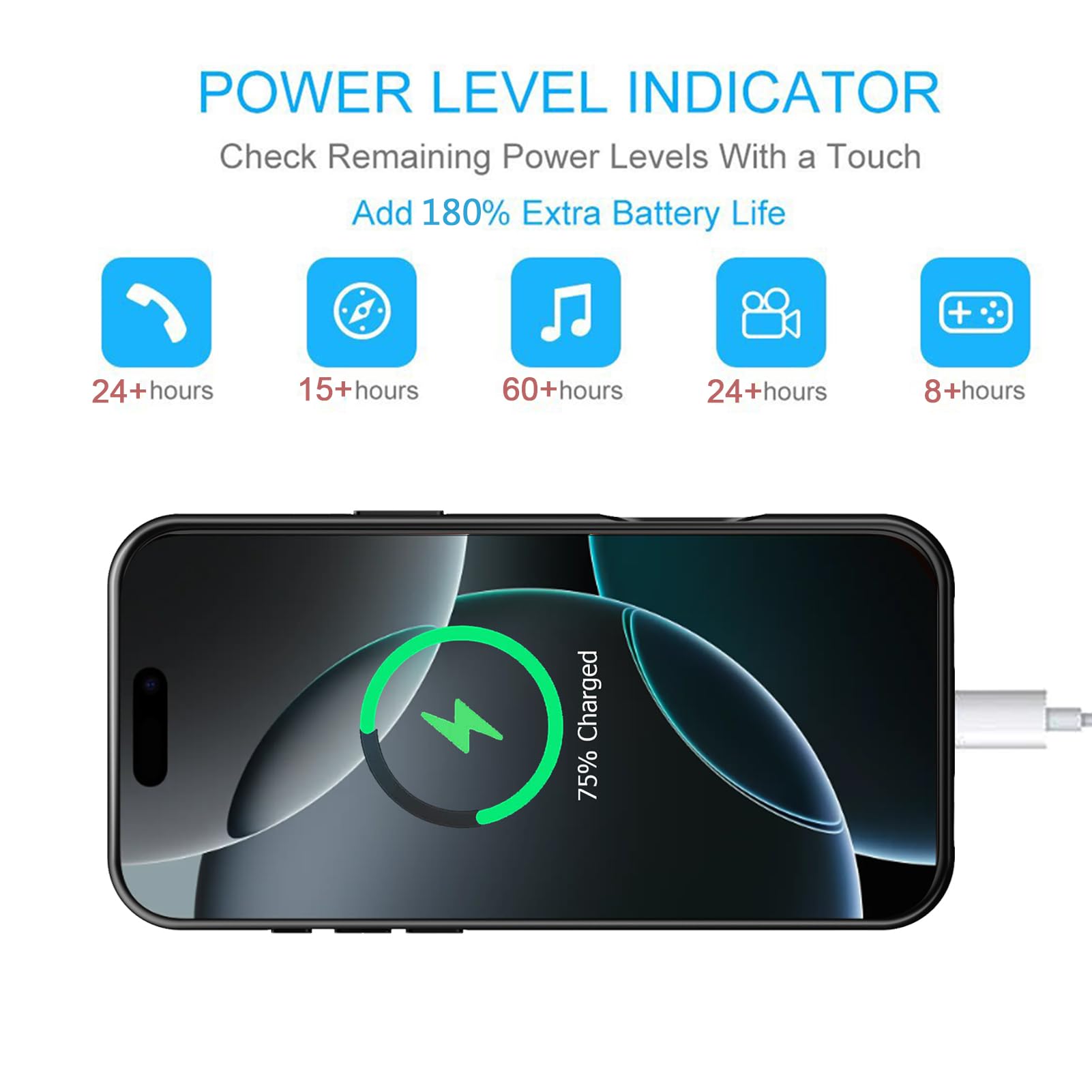 10000mAh Wireless Charging Battery Case for iPhone 16 Pro (6.3 inch) - Portable Protective Power Bank Charger with CarPlay Support | Perfect for Travel, Work & Outdoor Activities (Black)
