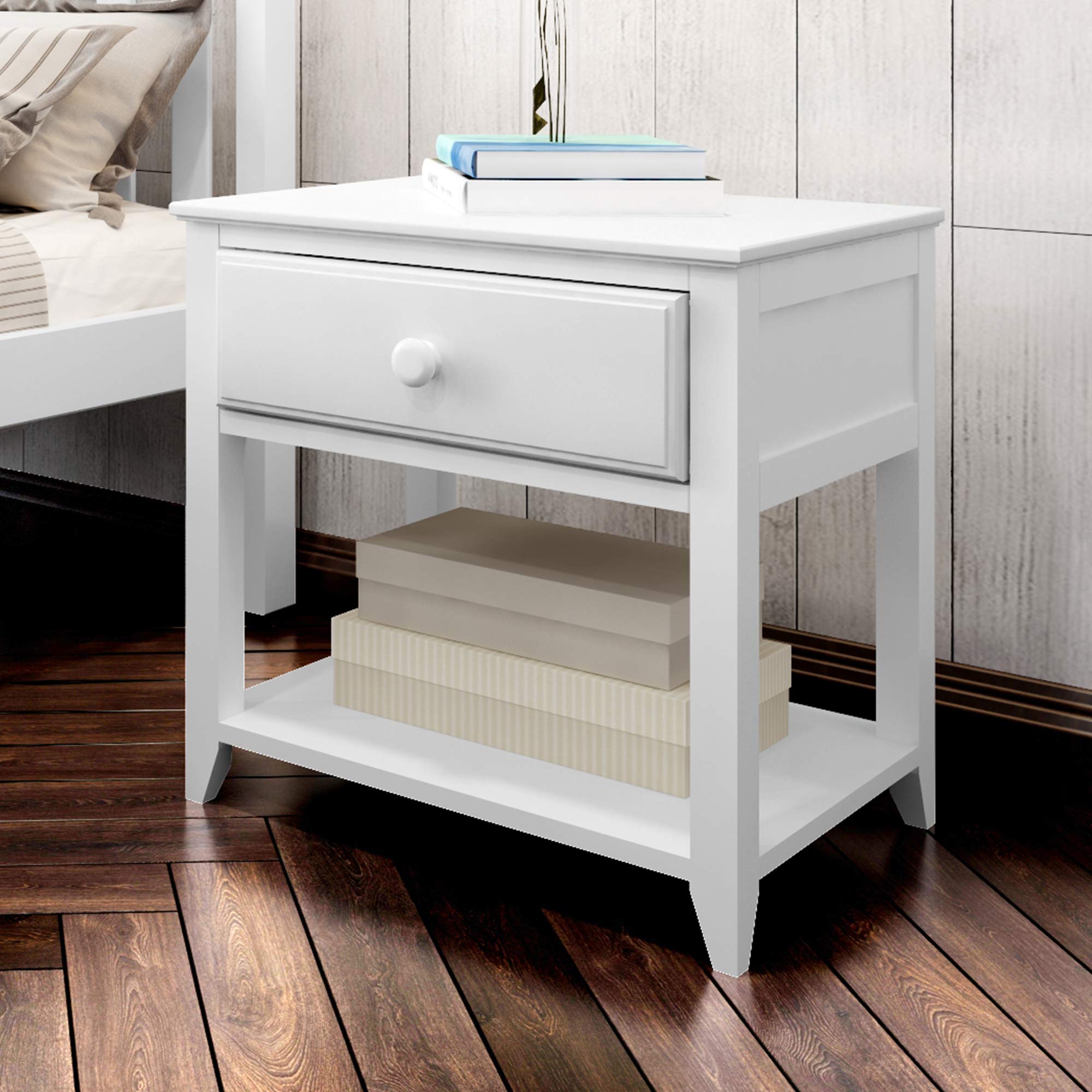 Plank+Beam White Nightstand with Drawer and Shelf - Modern Bedside Table for Bedroom, Living Room, or Guest Room - Sturdy Wooden Side Table with Storage Space