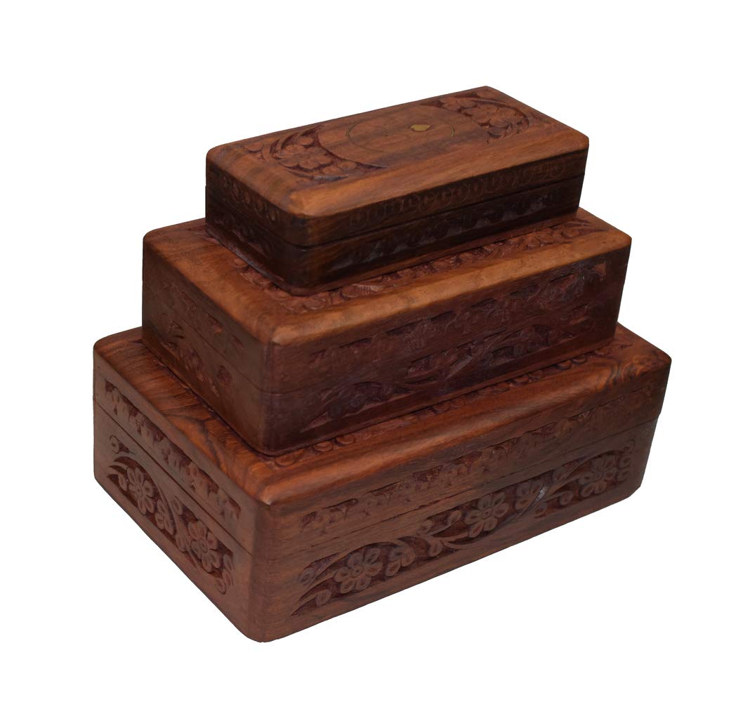 Set of 3 Handmade Wooden Jewelry Box Organizers with Floral Design - Perfect for Necklace, Ring & Earring Storage - Great Gift for Women, Brides & Home Decor