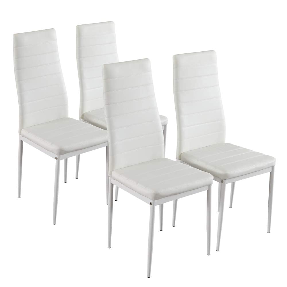 Modern 5-Piece White Rectangular Dining Table Set with Tempered Glass Top & 4 Padded Leather Chairs - Sturdy Metal Frame for Breakfast Nook, Kitchen, Dining Room - Perfect for Small Spaces & Family Gatherings