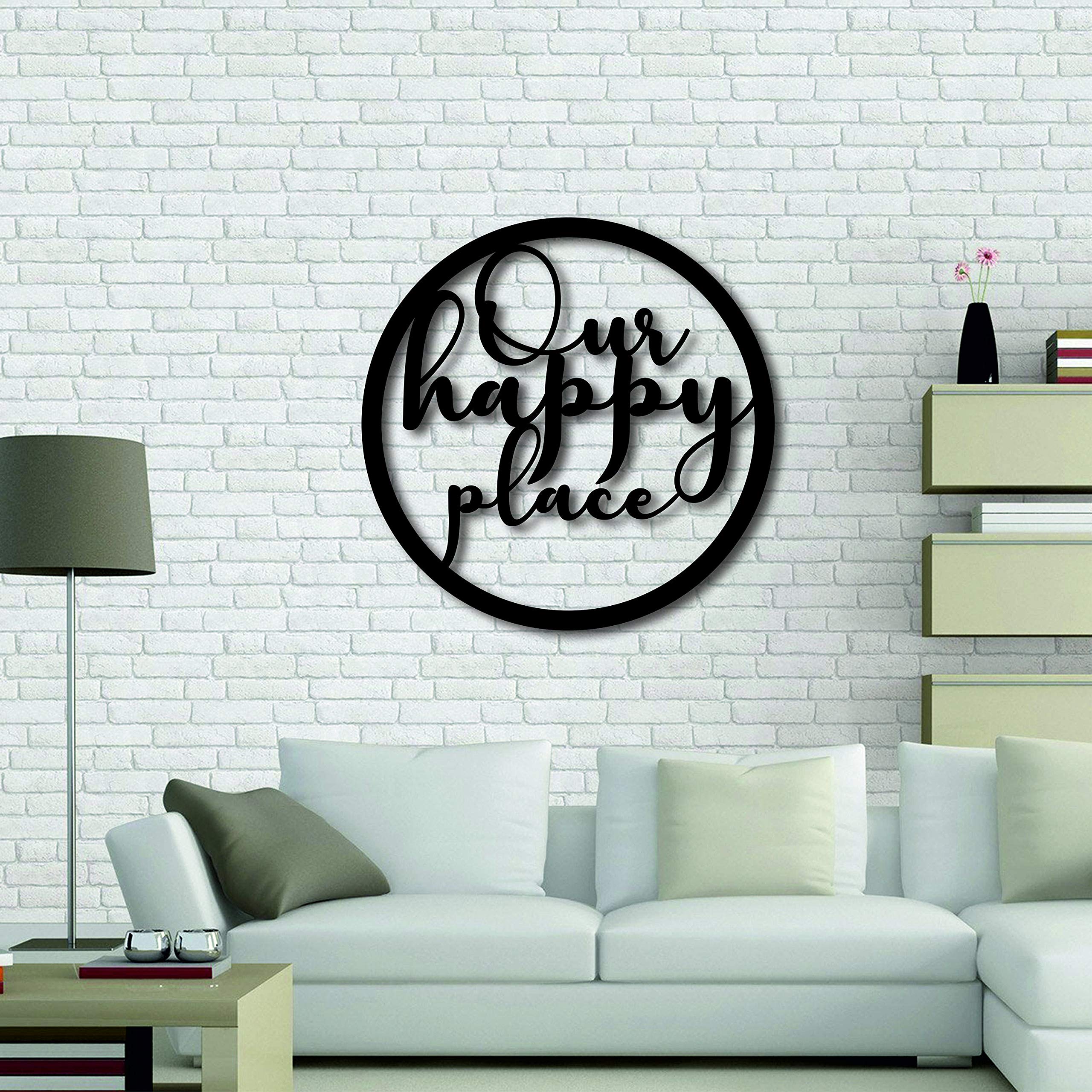 Our Happy Place Metal Wall Sign - 18 Inch Rustic Art Metal Sign for Home Decor, Indoor & Outdoor Housewarming Gift, Durable Metal Wall Art for Living Room, Patio, or Garden