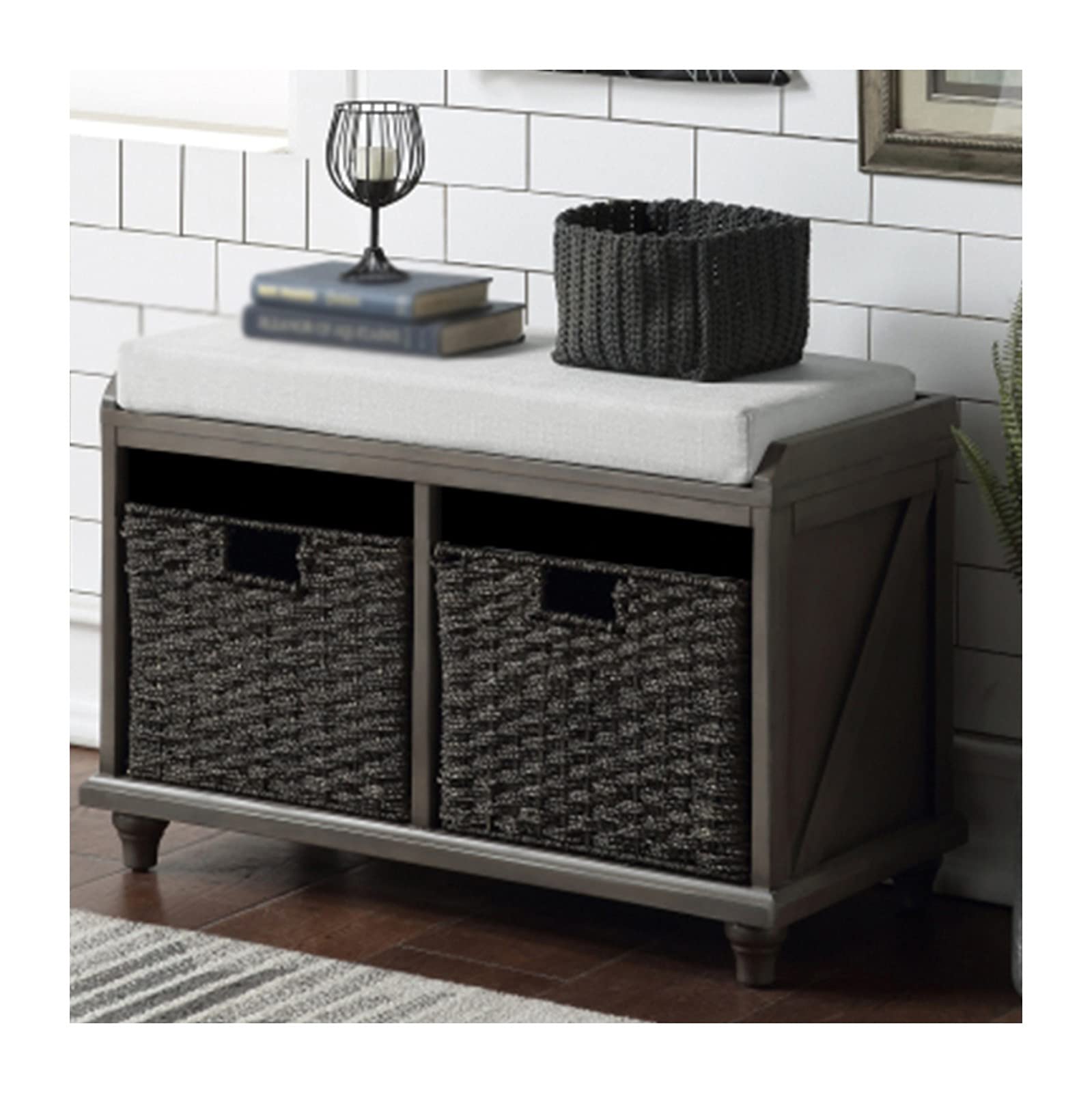 HXHN Fabric Storage Bench with 2 Woven Baskets - Wooden Ottoman Bench for Bedroom & Living Room - Multi-Functional Footrest, End of Bed Storage, and Seating Solution