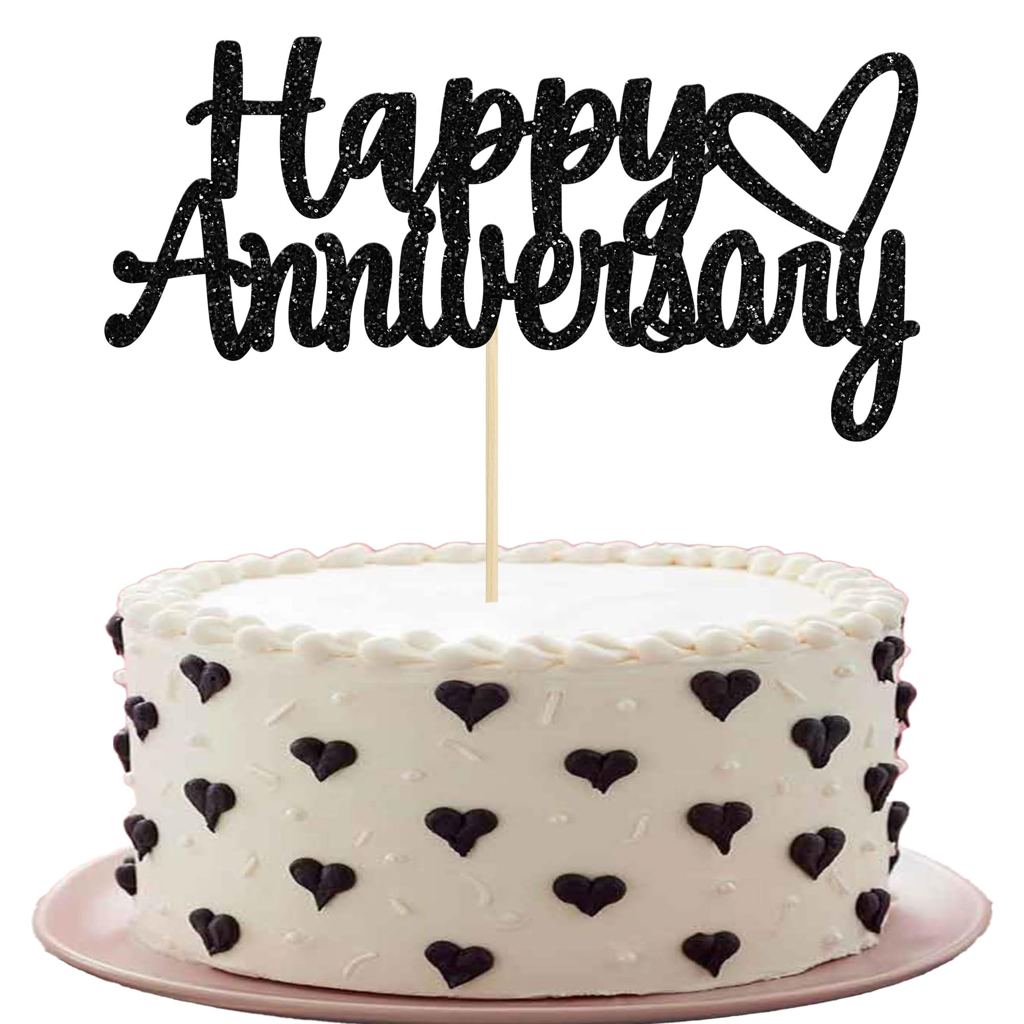 Gyufise 1 Pack Black Glitter Happy Anniversary Cake Topper - Wedding & Anniversary Party Decoration Supplies - Perfect for Cake Decorating, Bridal Showers & Celebration Parties