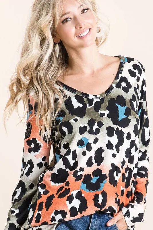 Bibi Gradation Leopard Print Soft Knit Deep U Neck T-Shirt - Rust/Olive Color Women's Casual Top for Fall Outfits & Date Nights
