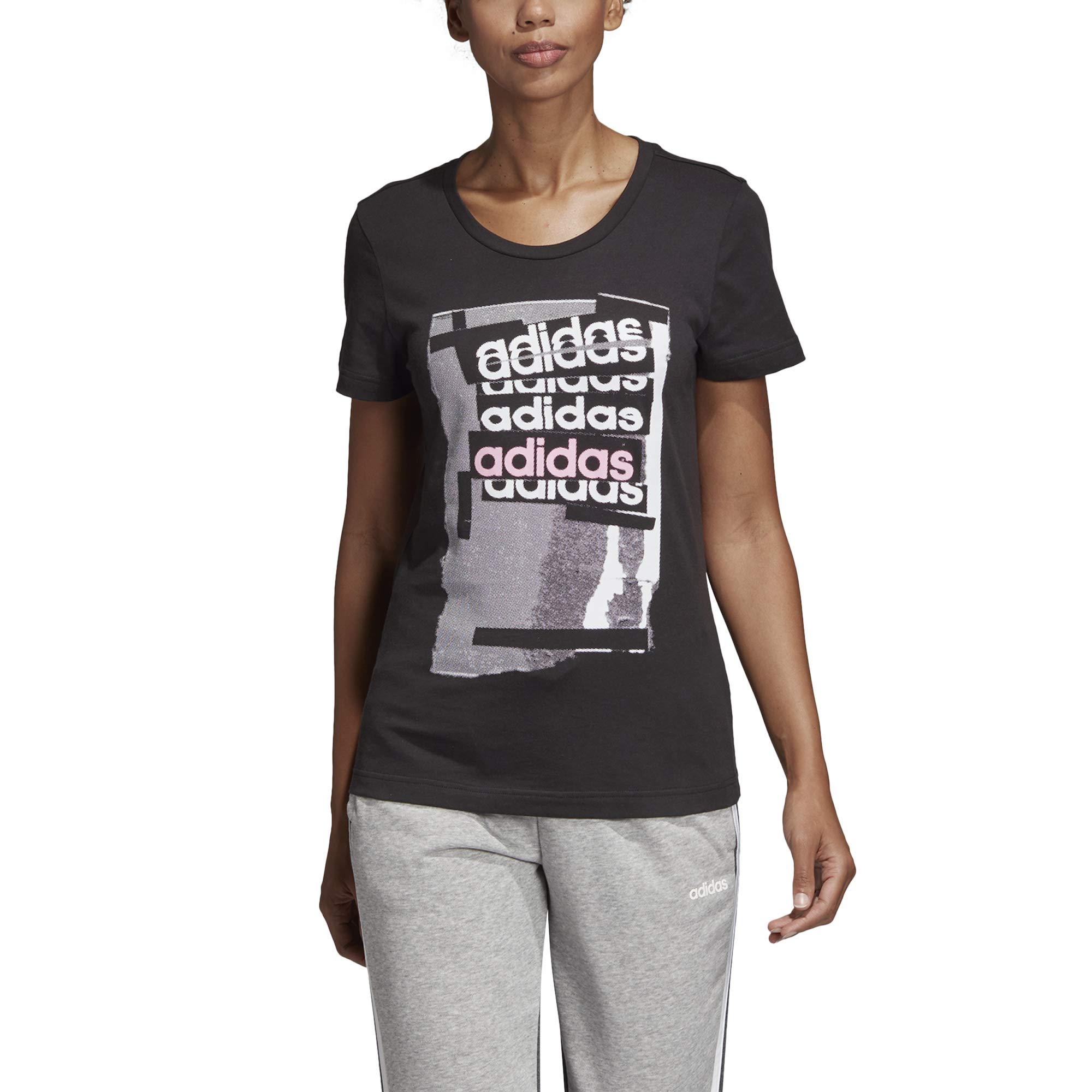 adidas Women's Essential Linear Tee - Soft Cotton T-Shirt for Gym, Workout & Casual Wear (XS, Grey/Black) | Perfect for Fitness, Running & Everyday Outfits