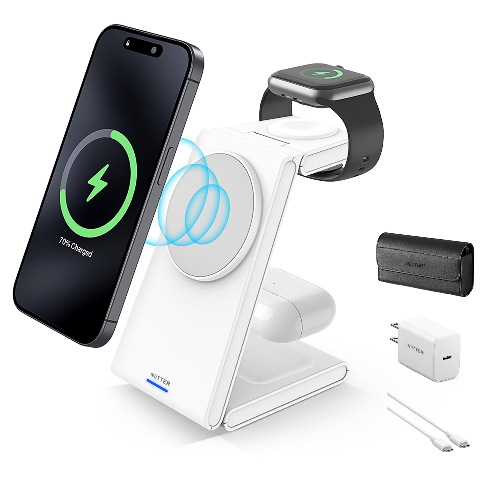 3-in-1 Magnetic Wireless Charging Station for iPhone 16/15/14/13/12, Apple Watch & AirPods - Foldable Fast Travel Charger with 20W PD Adapter - Perfect for Home, Office & Travel Use