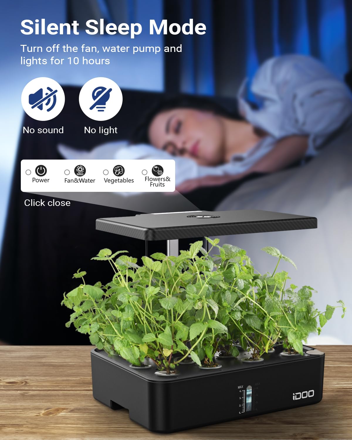 iDOO 12-Pod Hydroponics Growing System Kit with LED Grow Light, Built-in Fan & Auto Timer - Indoor Herb Garden for Kitchen, Home, Office - Adjustable Height up to 11.3
