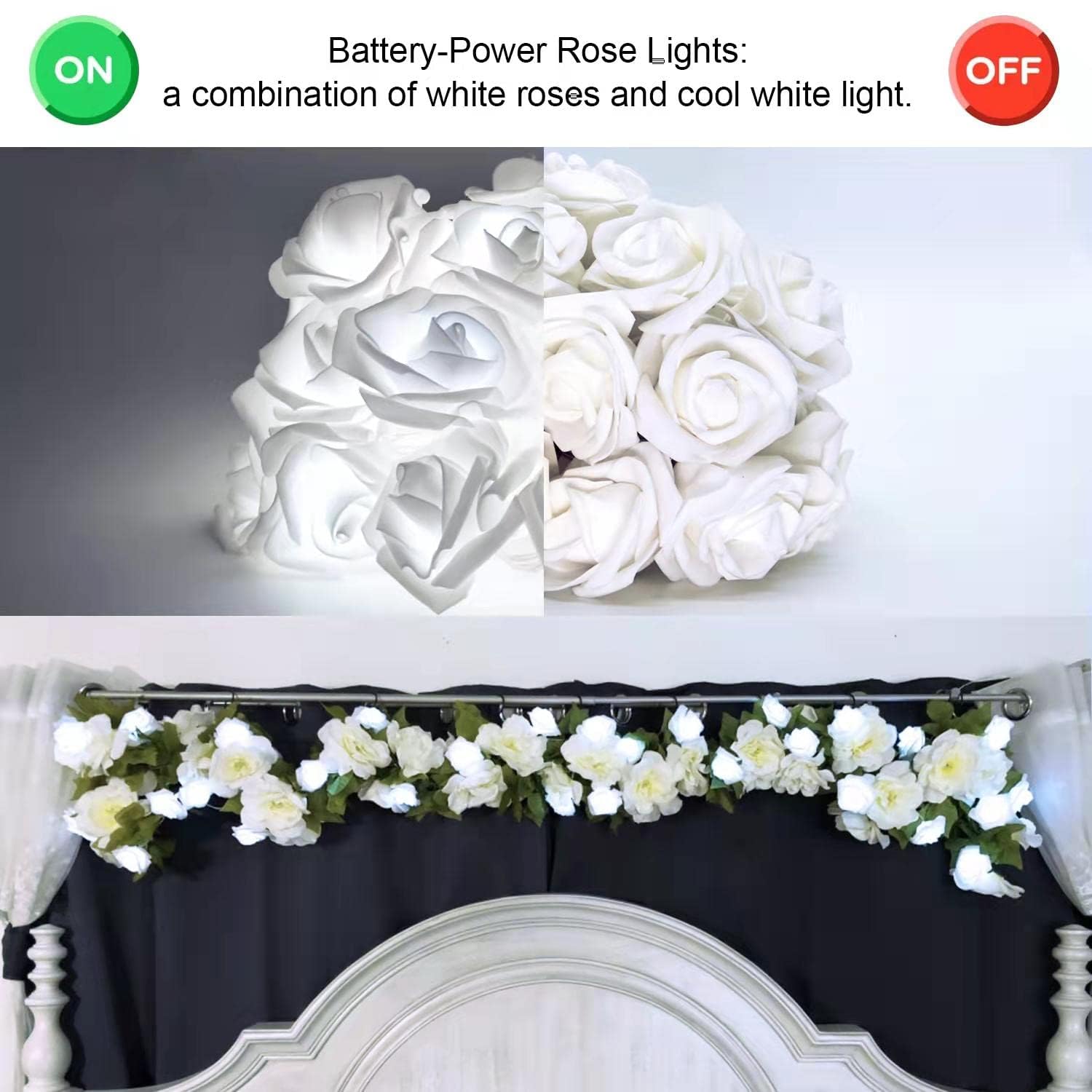 JMEXSUSS 16.4ft 30 LED White Rose Flower String Lights - Battery Operated Fairy Lights for Bedroom, Table, Fireplace, Wedding & Holiday Decorations - Perfect for Romantic Ambiance, Party & Indoor Decor