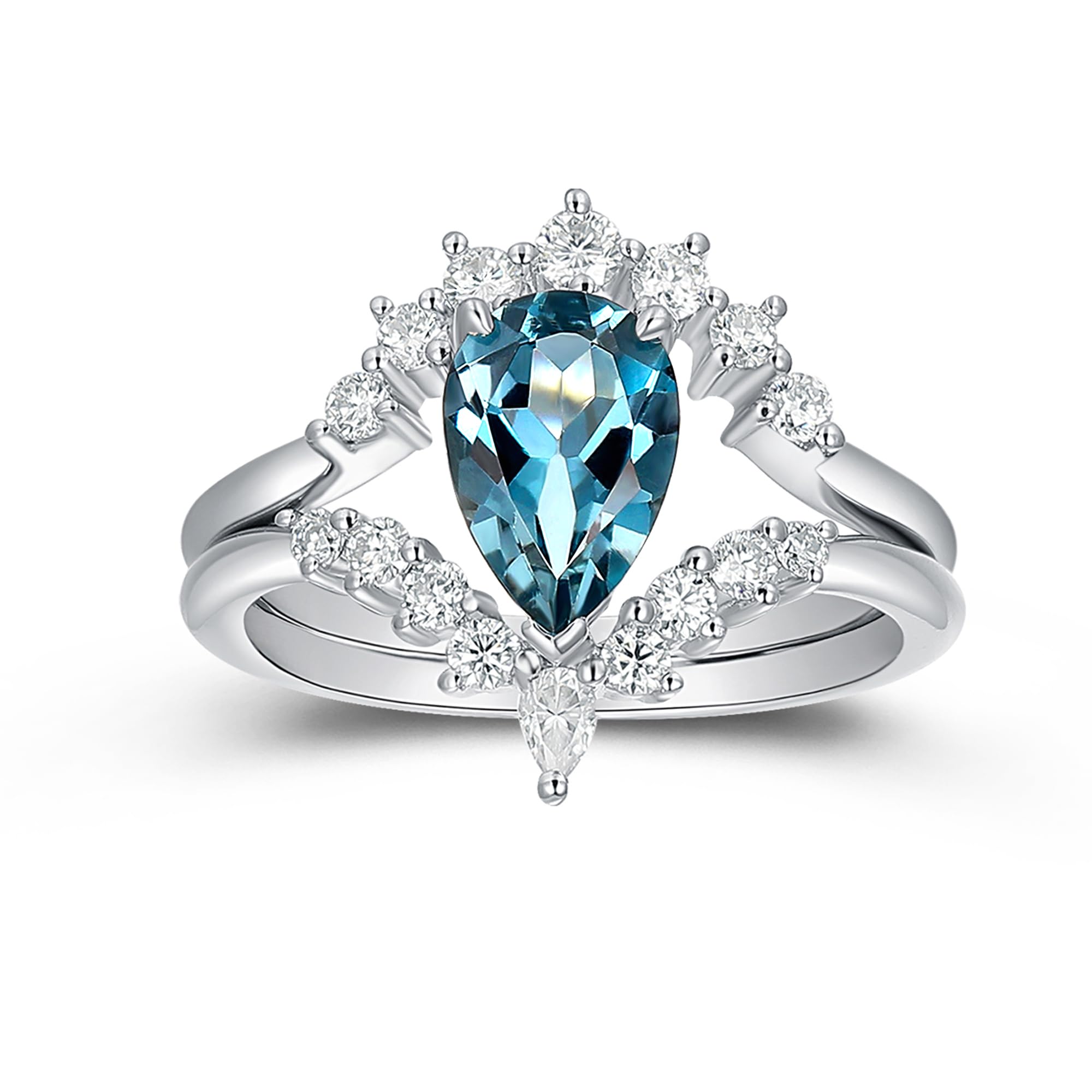 1.50 Carat Pear Shape Moissanite & London Blue Topaz Ring - 925 Sterling Silver Wedding Band for Women - Vintage Birthstone Jewelry - Perfect for Anniversary, Engagement & Birthday Gifts - Elegant for Evening Wear & Special Occasions