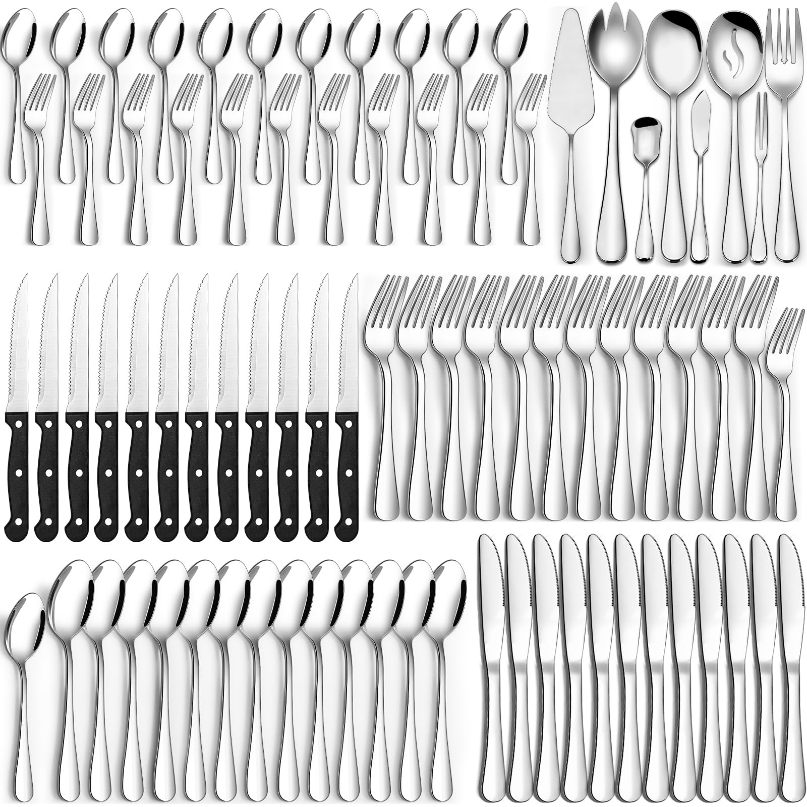 80-Piece Stainless Steel Flatware Set for 12 with Steak Knives & Serving Utensils - CEKEE Heavy Duty Cutlery Set for Home & Restaurant Use - Dishwasher Safe Silverware - Perfect for Dinner Parties, Weddings & Daily Dining