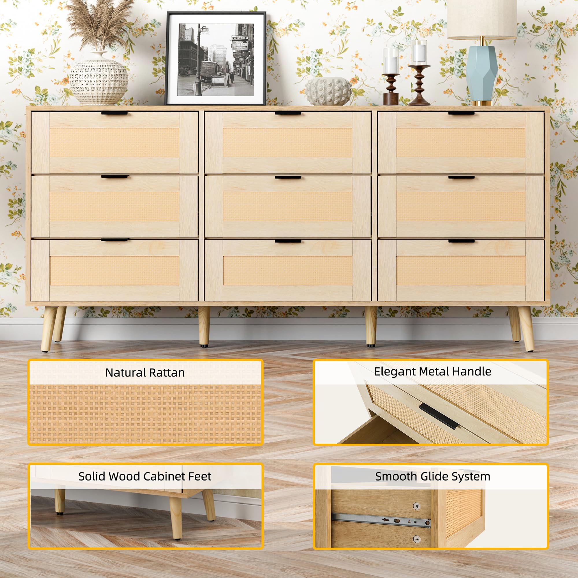 Natural Rattan Dresser Set - 3 Drawer & 9 Drawer Bedroom Storage Combo (2-Piece) | Vintage Boho Furniture for Bedroom, Living Room & Nursery Organization