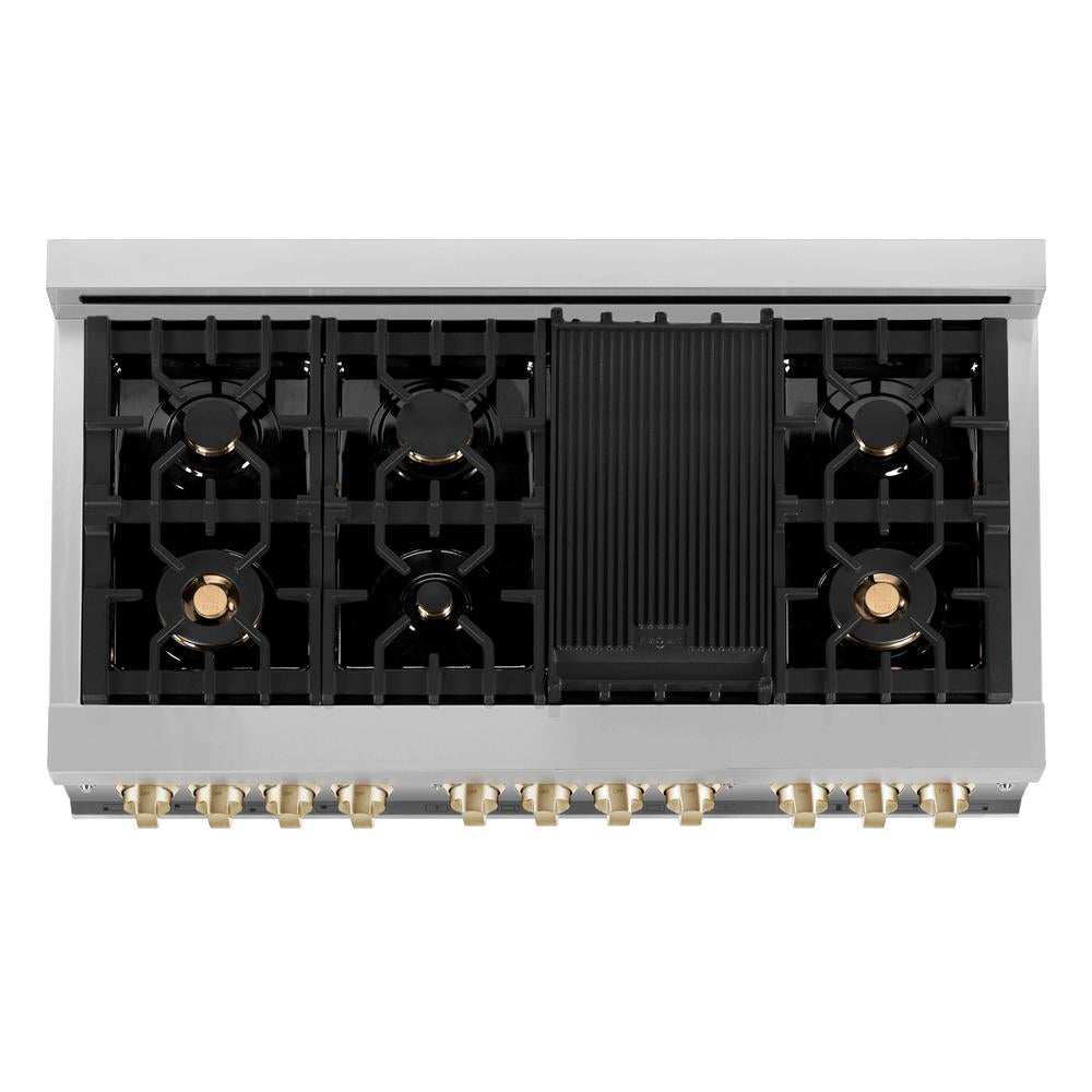 ZLINE Autograph Edition 48-inch Stainless Steel Dual Fuel Range with White Matte Door & Range Hood with Polished Gold Accents - Professional Kitchen Package for Modern Homes | Perfect for Gourmet Cooking & Entertaining