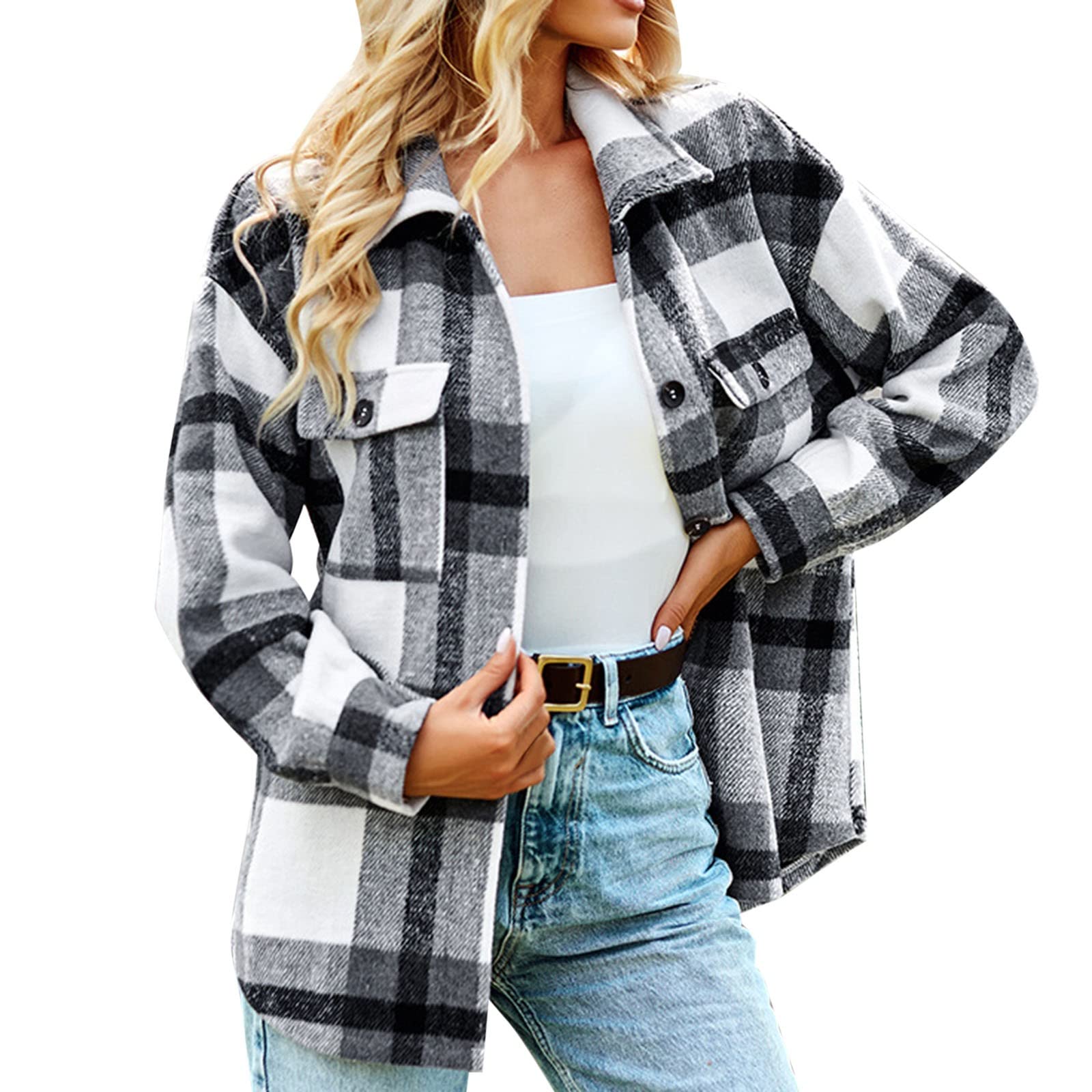Women's Long Sleeve Plaid Cropped Cardigan - Fleece Hooded Jacket for Fall & Winter | Cozy Casual Wear, Office Outfits, and Layering Fashion