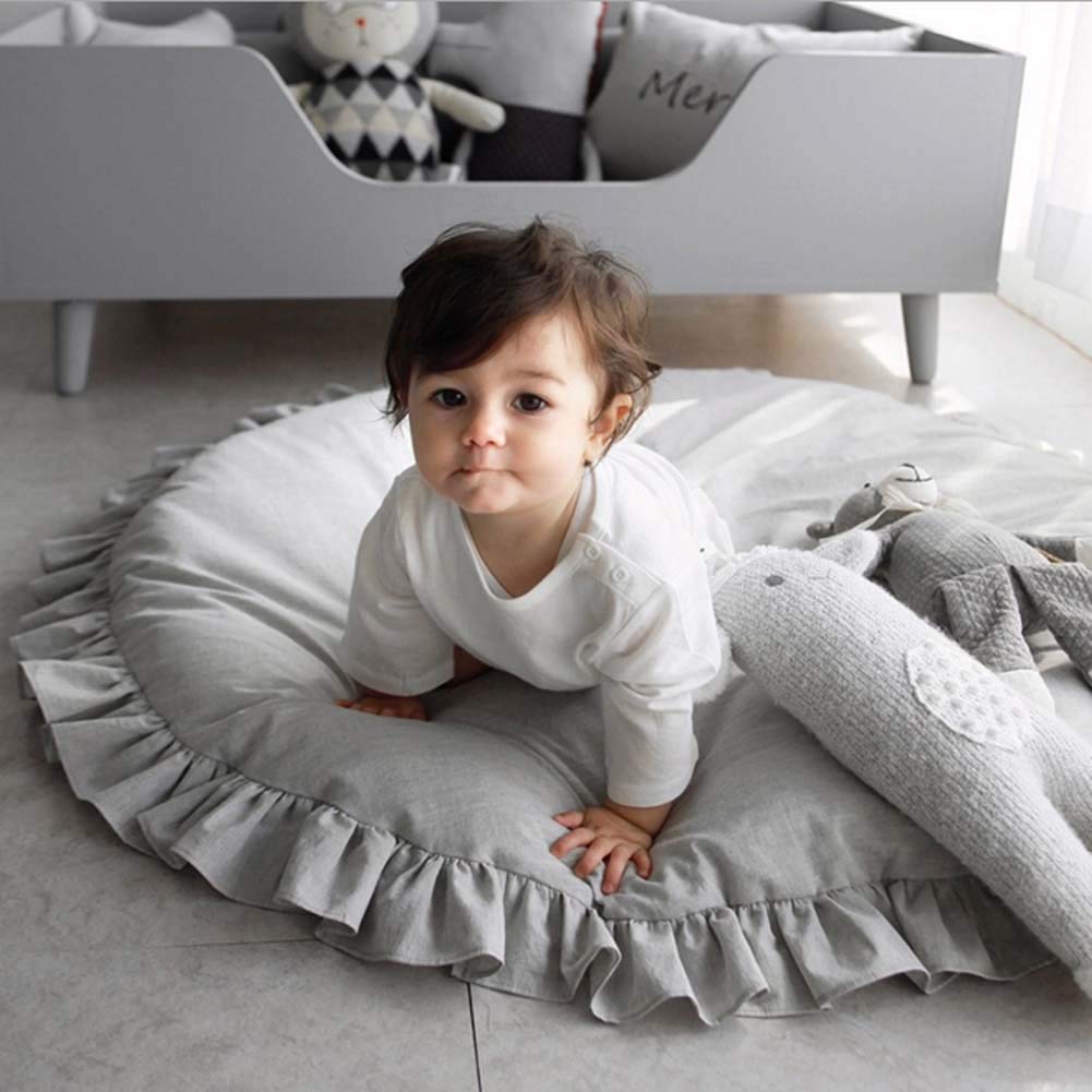 Soft Round Baby Playmat - Non-Slip Cartoon Rug for Kids Nursery, Light Gray | Safe & Comfortable Floor Mat for Playtime, Crawling & Room Decor