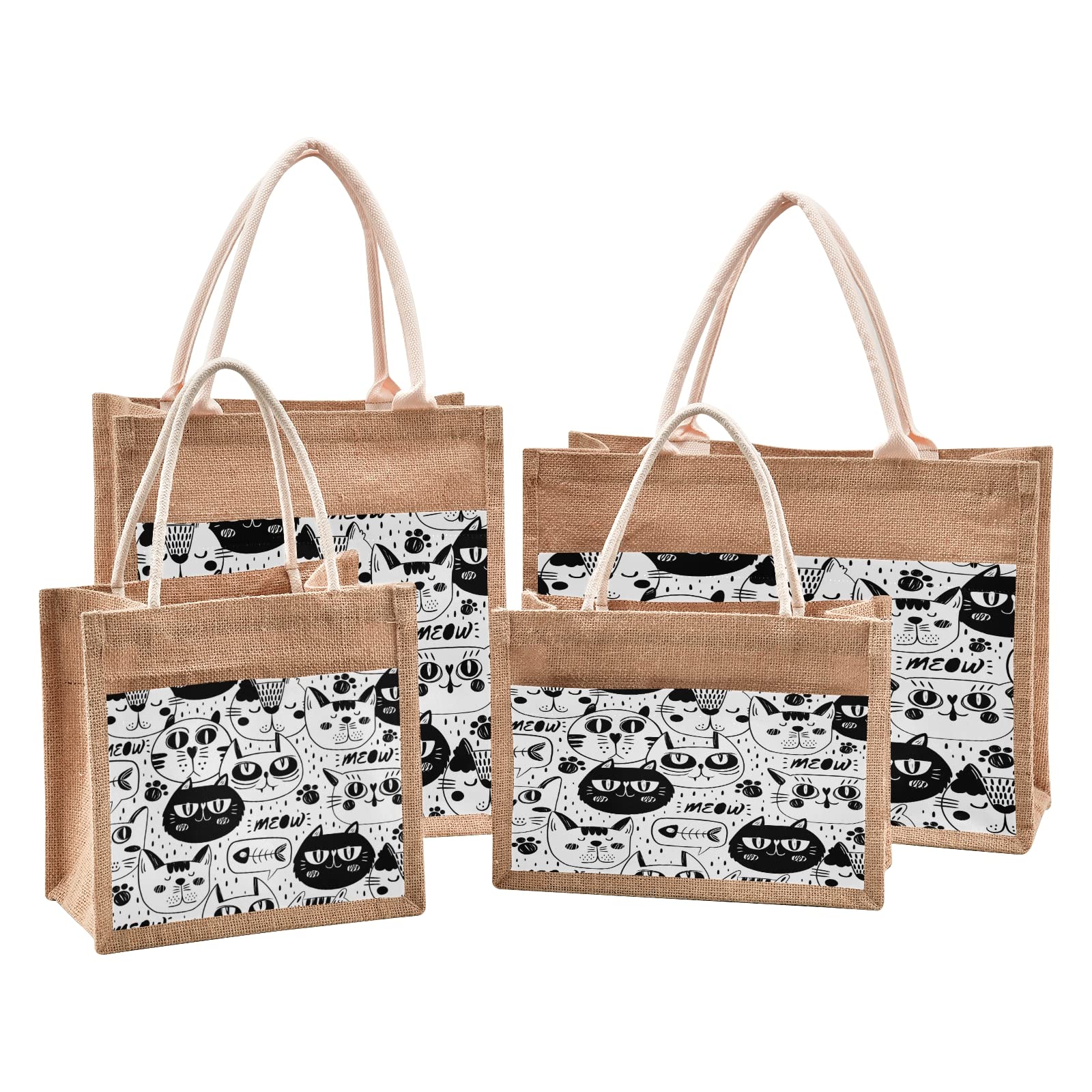 Eco-Friendly Cat Faces Jute Tote Bag for Women - Reusable Grocery Shopping Bag with Sturdy Handles, Perfect for Travel, Beach, Wedding & Daily Use