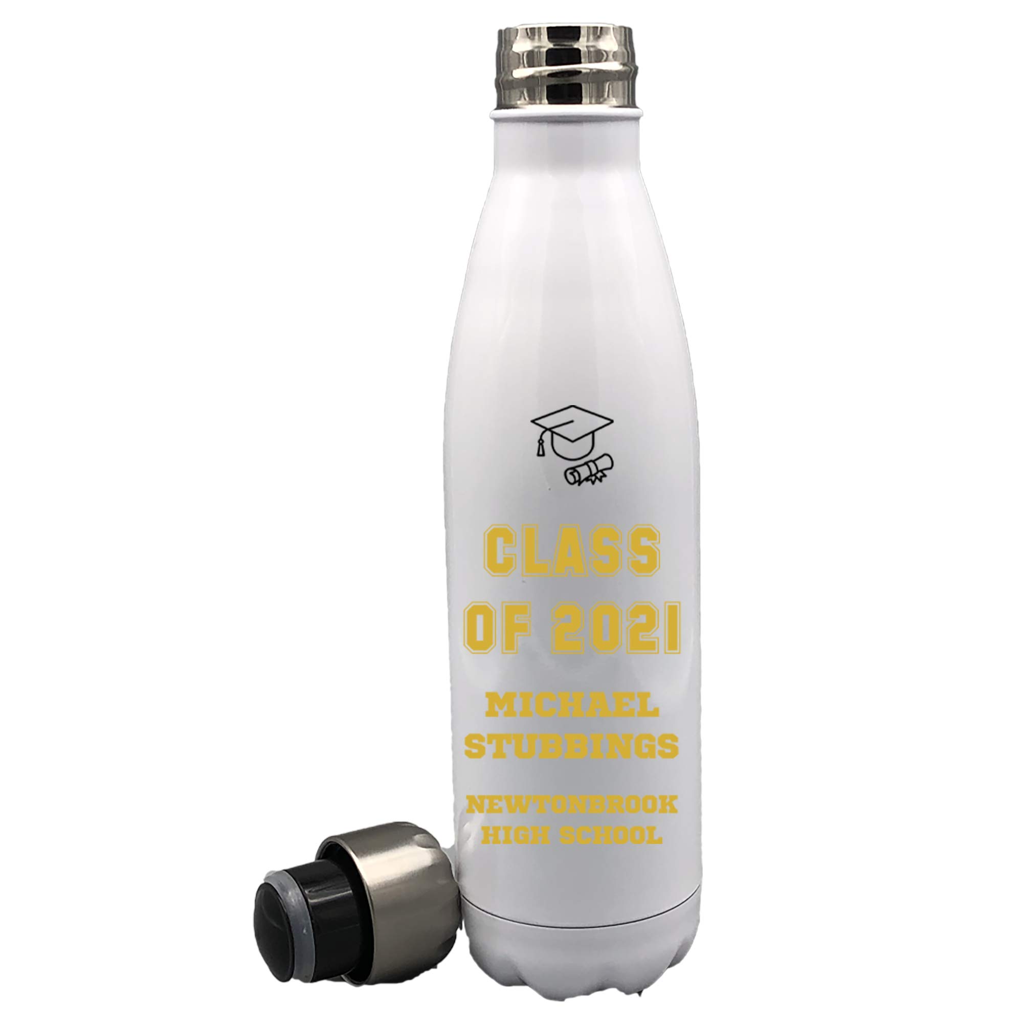 Personalized Graduation Water Bottle for Class of 2021 - Custom Engraved Gift for High School & College Graduates (Gold/White) - Perfect for Graduation Parties & School Events
