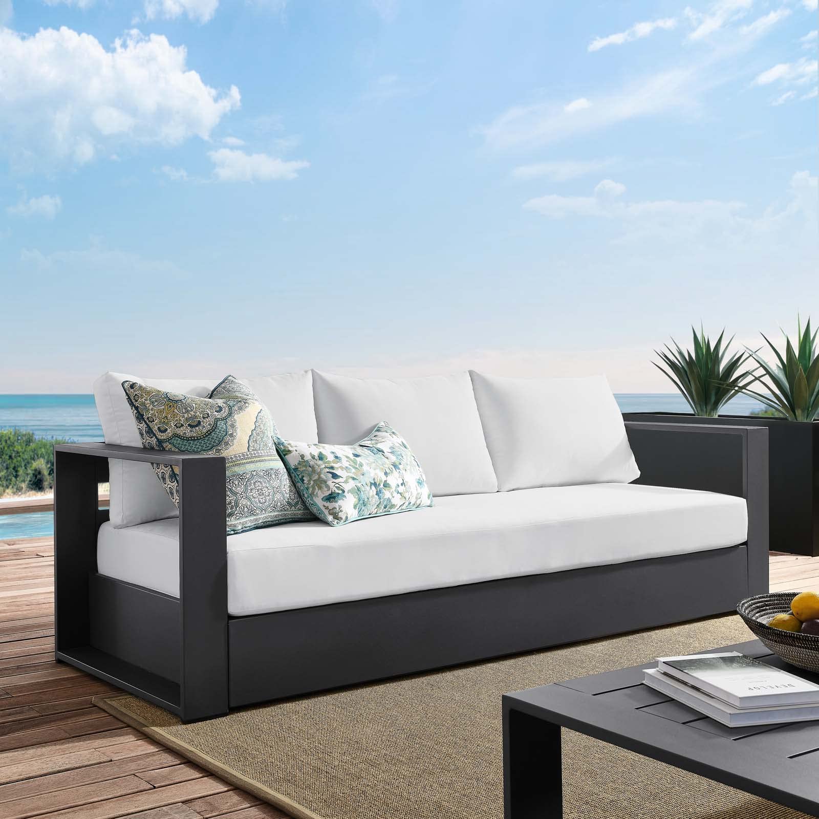 Modway Tahoe Aluminum Outdoor Patio Sofa - Weather-Resistant Gray White Patio Furniture for Garden, Poolside & Backyard Relaxation