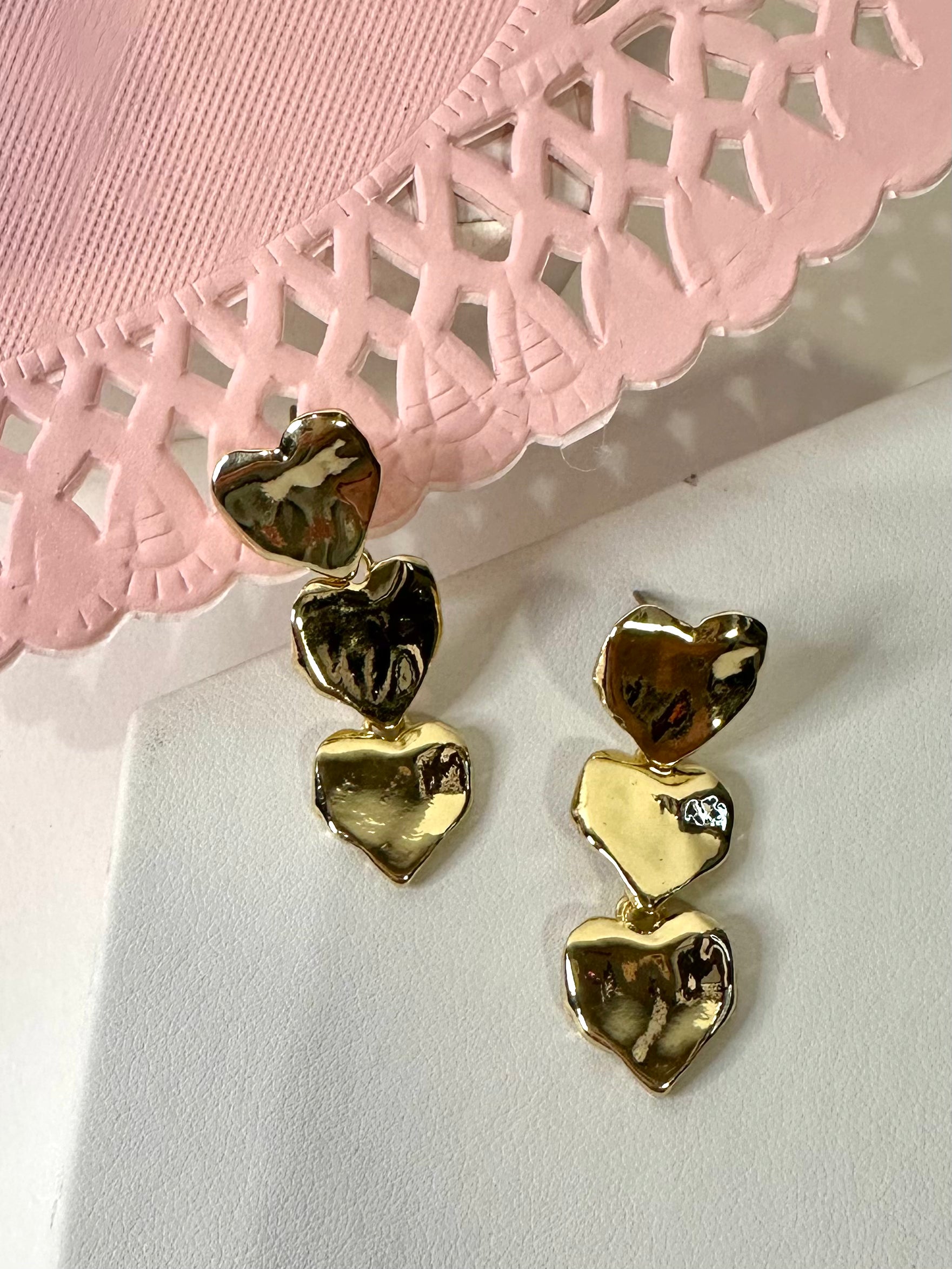 Gold Hammered Triple Heart Dangle Earrings for Women - Elegant Valentine's Day Gift, Anniversary Jewelry - Perfect for Date Night & Special Occasions