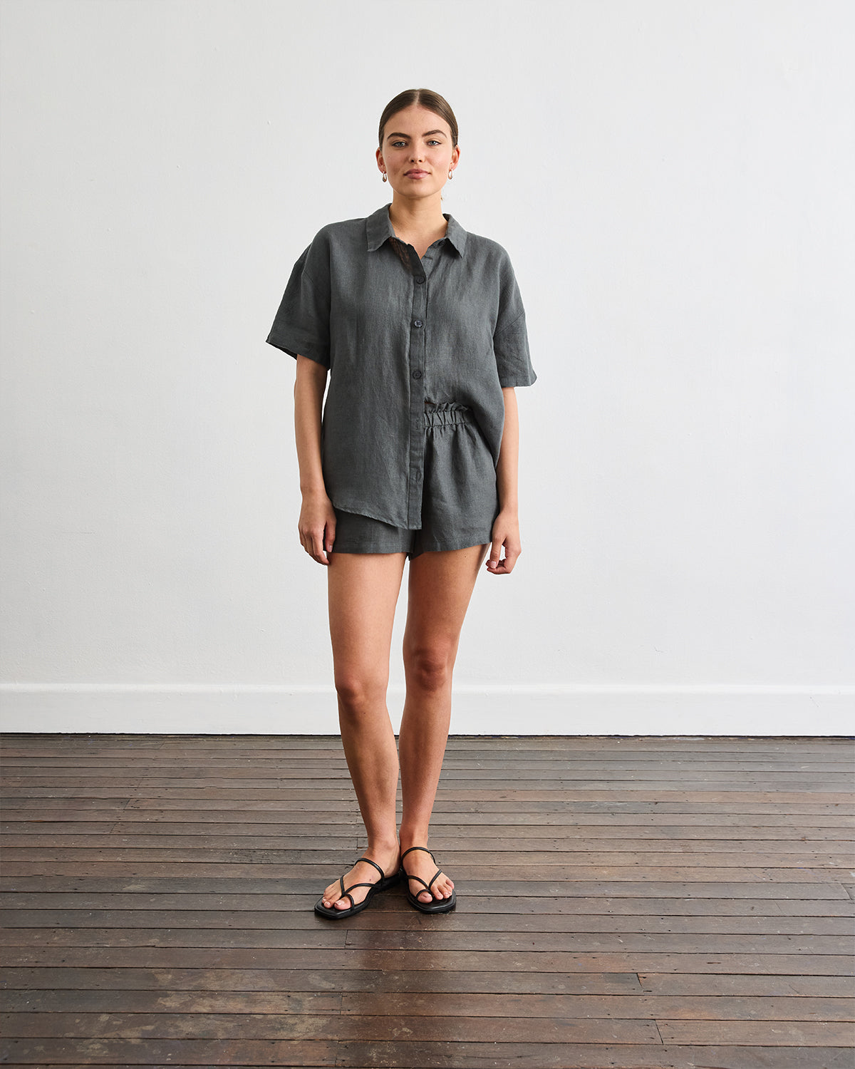 Marina Women's Short Sleeve Casual Shirt - Charcoal Gray Button Down Top for Work, Office, and Everyday Wear