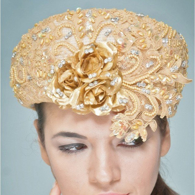 Elegant NA1020 Cream Dress Hat with Beaded Gold Lace & Rhinestones - Perfect for Weddings, Parties, and Special Occasions