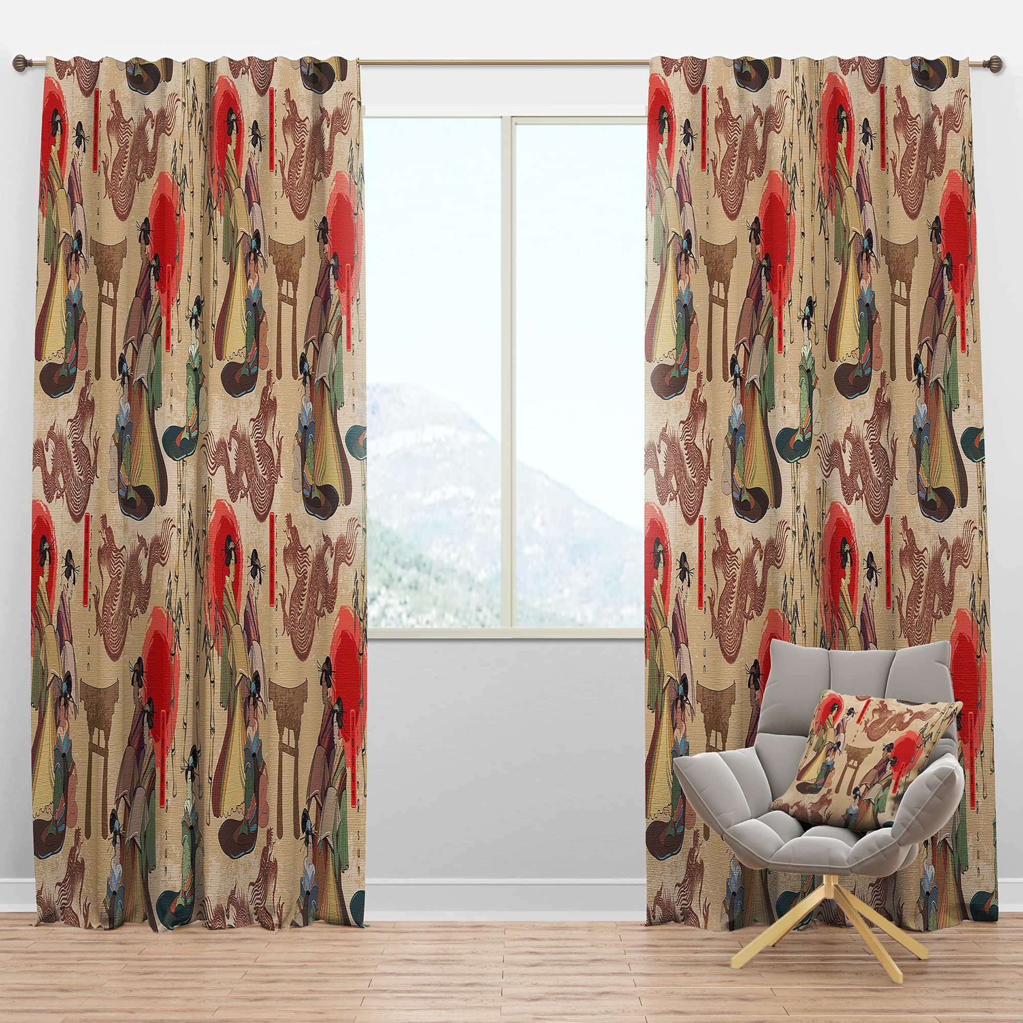 DesignQ Blackout Curtains - Japanese Geishas & Dragons Print Thermal Insulated Drapes for Bedroom & Living Room (52x90, Single Panel) - Perfect for Home Theater, Nursery & Light Control