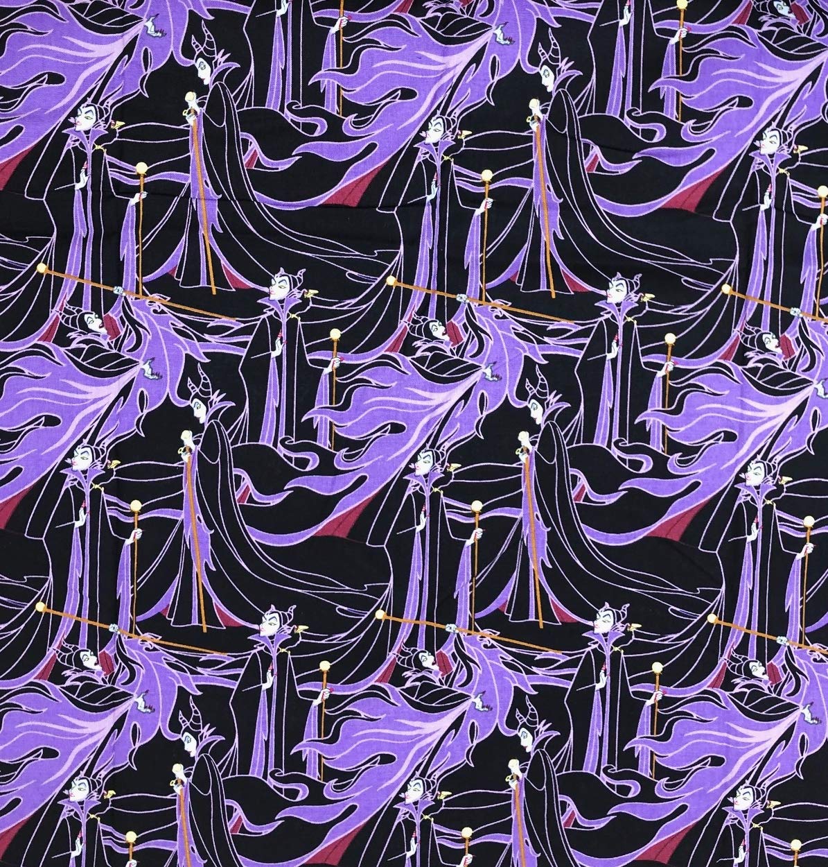 Disney Villains Maleficent in Lavender on Black Cotton Fabric - 1 Yard x 44