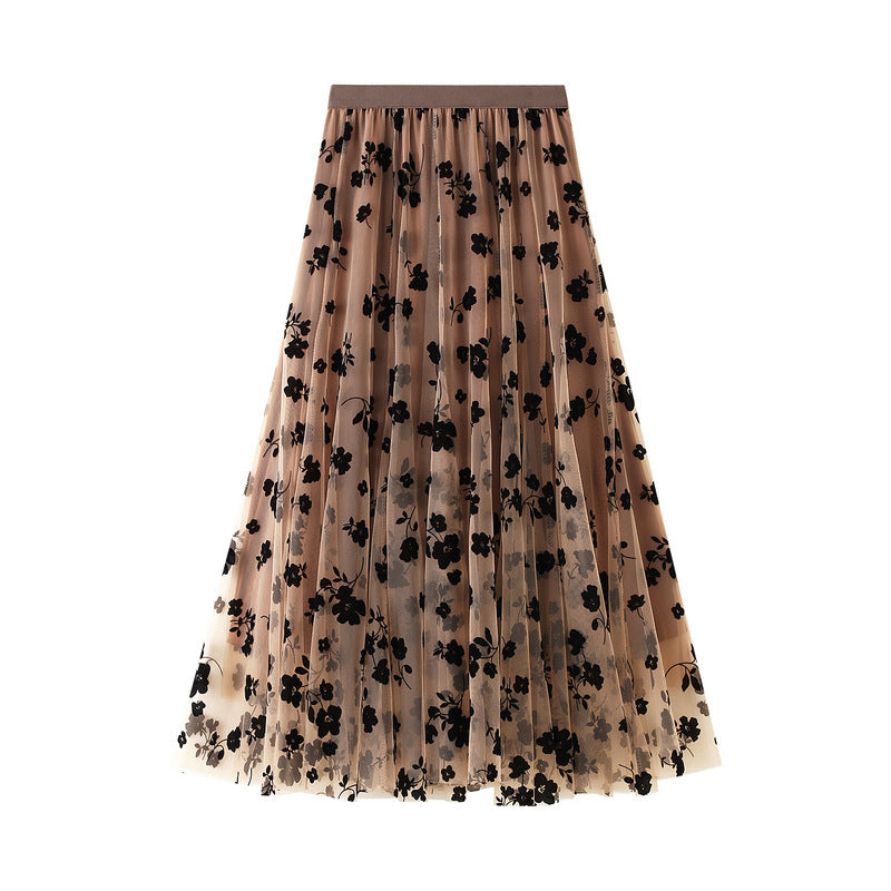 Fairy Pleated Mesh Skirt with Floral Print - Elegant Women's Midi Skirt for Spring Summer Outfits, Parties, and Boho Fashion