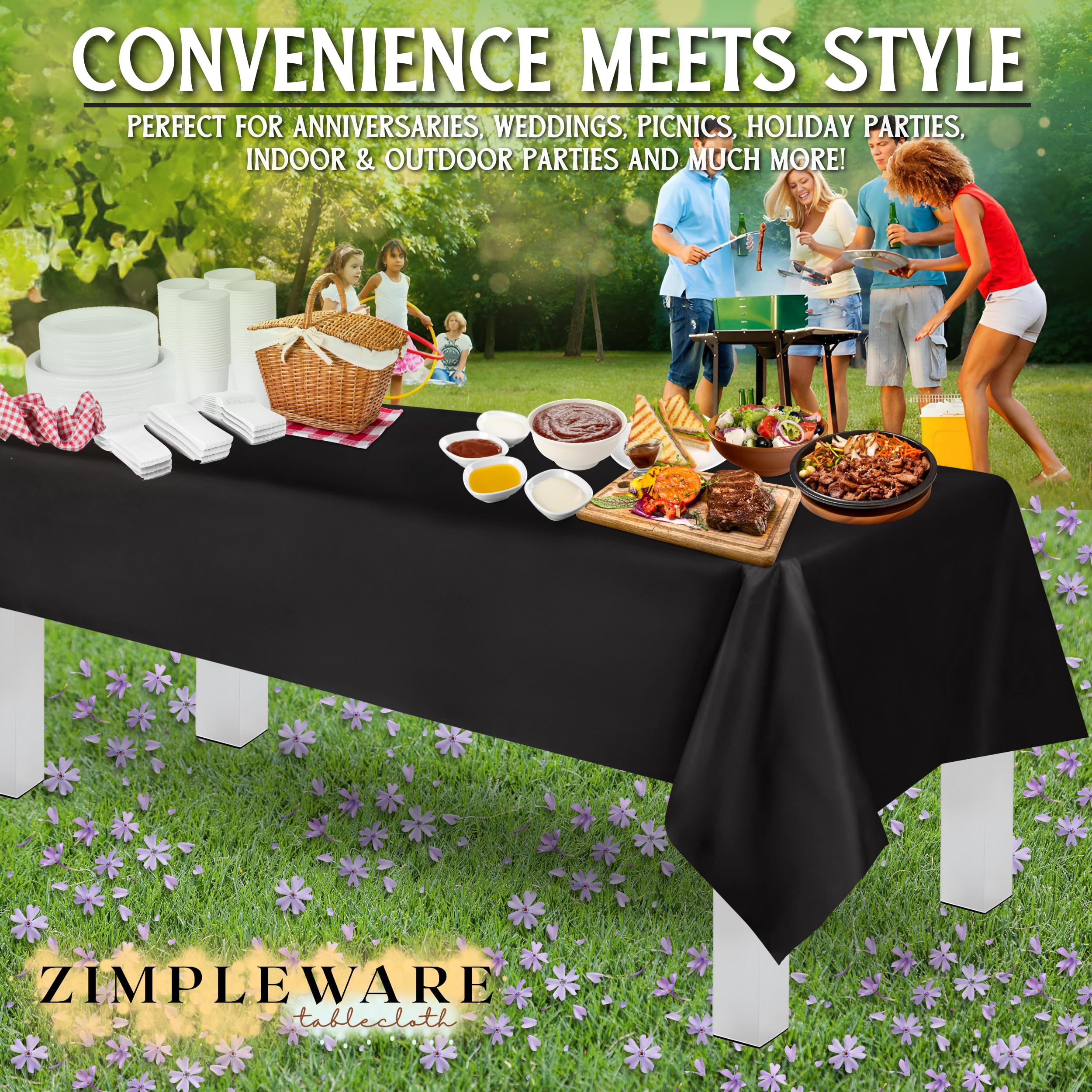 Premium Black Disposable Plastic Tablecloth (6 Pack) - 54x108 Inch Rectangle Table Cover for Parties, Events & Dining - Fits 6ft to 8ft Tables - Waterproof & Easy Clean for Indoor/Outdoor Use