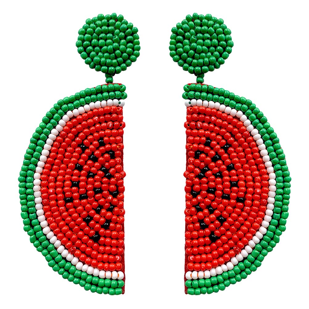 Handmade Bohemian Beaded Watermelon Fruit Drop Earrings for Women - Dangle Ear Jewelry Gift for Girls - Perfect for Summer Outfits, Beach Parties & Boho Fashion