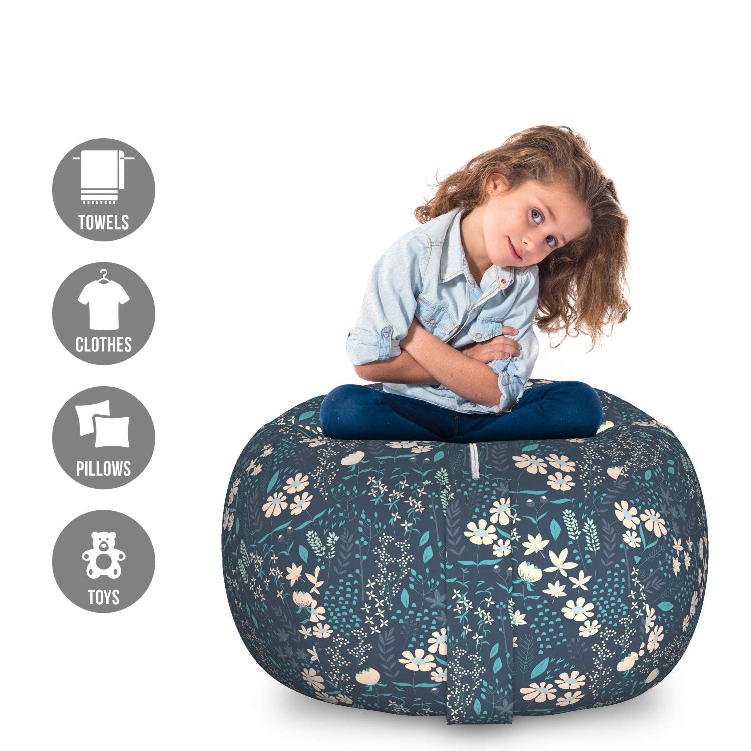 Ambesonne Floral Storage Toy Bag Chair - Large Washable Stuffed Animal Organizer with Botanical Flower & Herb Design in Petrol Blue Peach | Perfect for Kids' Room, Nursery, Playroom & Pet Toy Storage