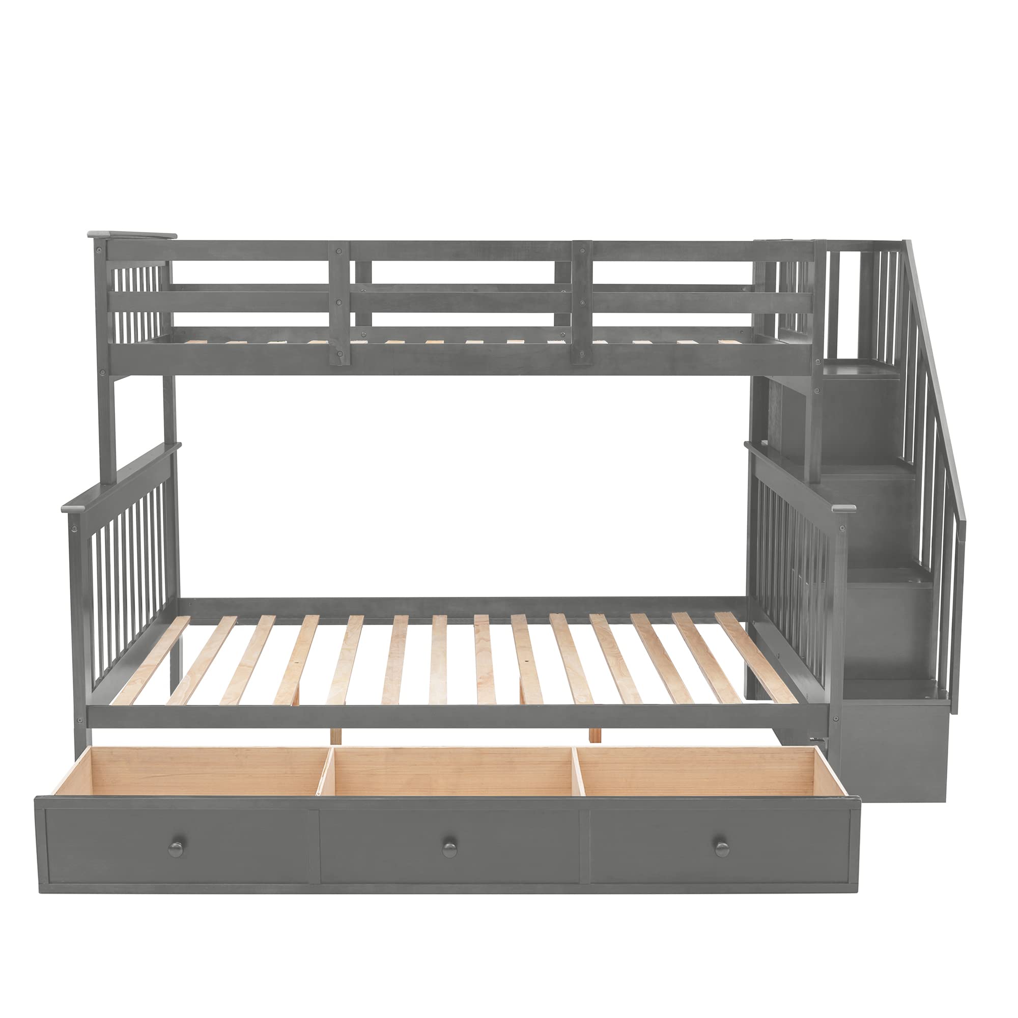 Harper & Bright Designs Twin Over Full Bunk Bed with Storage Drawer & Stairway - Wooden Kids Bunk Bed with Storage Shelf, Full-Length Guard Rail - No Box Spring Needed (Gray) | Perfect for Small Bedrooms, Kids' Rooms & Space-Saving Solutions