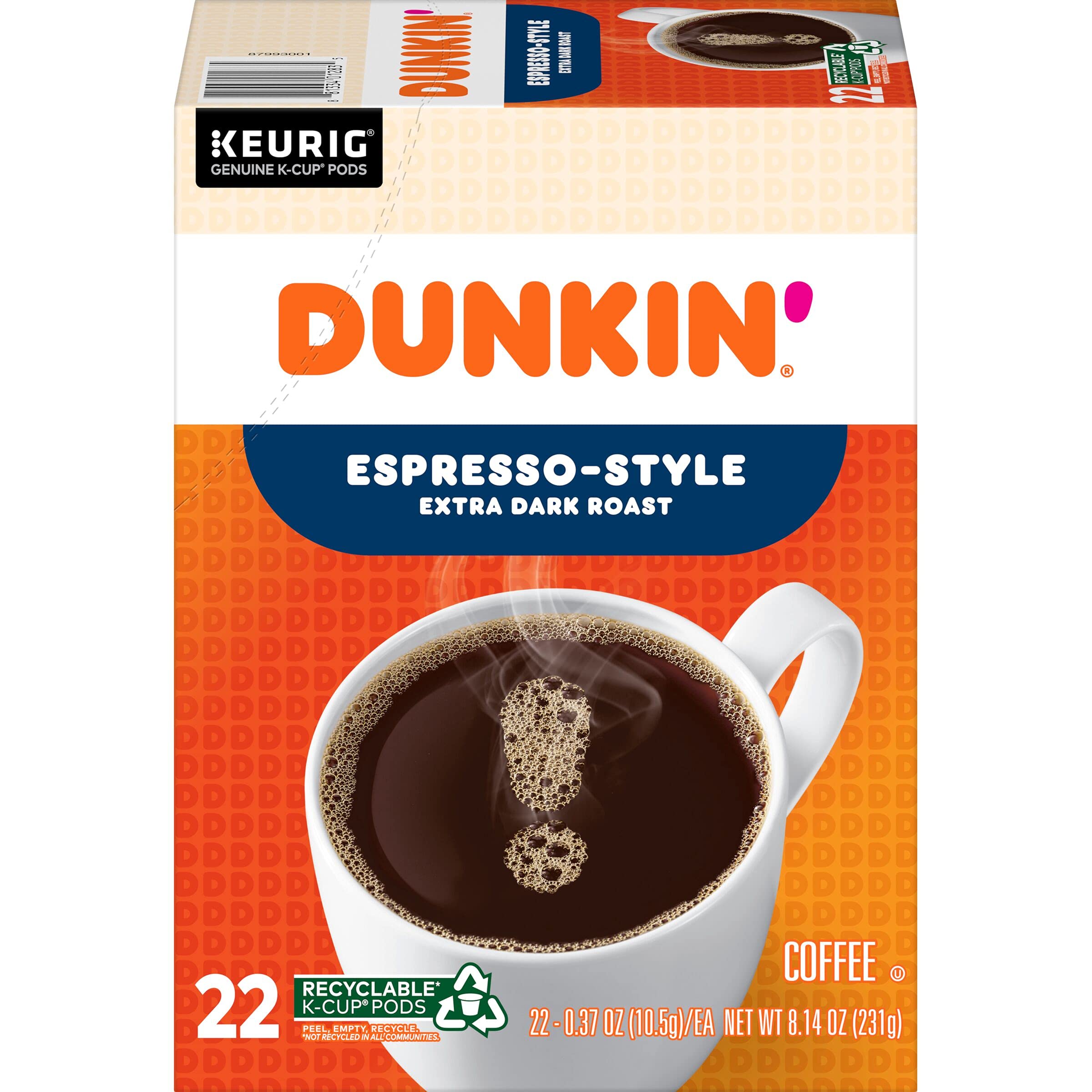 Dunkin' Espresso Style Extra Dark Roast Coffee - 88 Keurig K-Cup Pods for Strong Bold Flavor | Perfect for Home & Office Coffee Brewing | Compatible with Keurig 2.0 & Single Serve Brewers