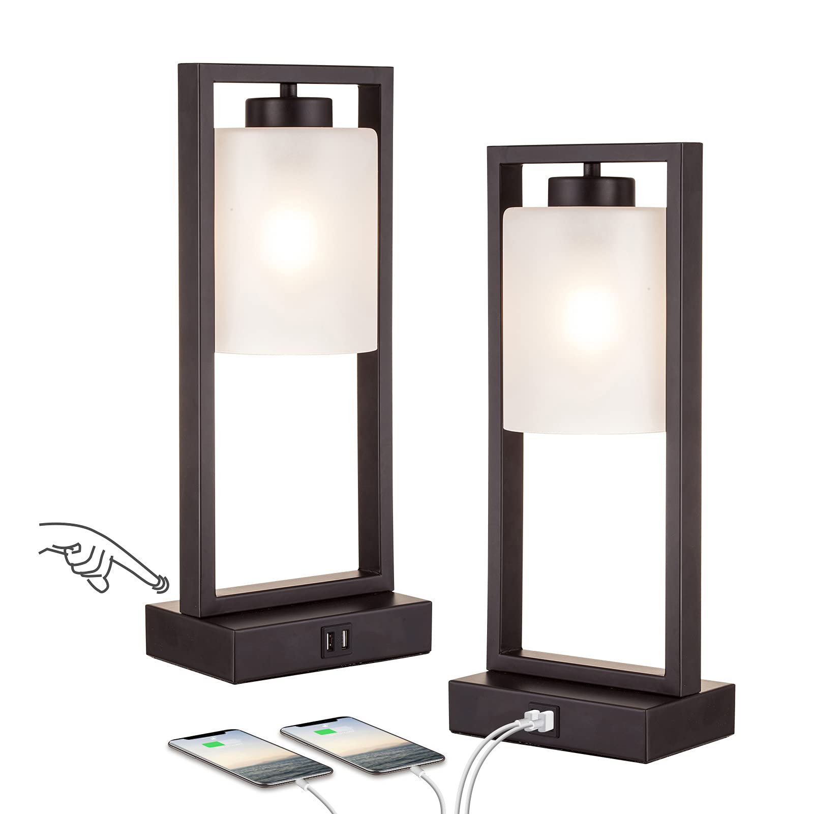2-Pack Modern Touch Control 3-Way Dimmable Table Lamps with USB Ports & Glass Shades - Bedside Nightstand & Desk Lamps for Reading, Living Room, Bedroom & Office (LED Bulbs Included) | Perfect for Cozy Nights, Home Decor & Workspace Lighting