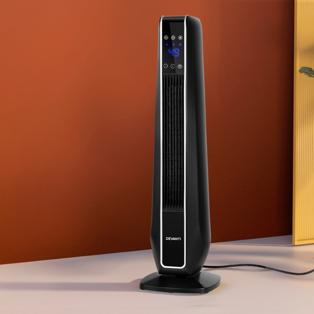 Devanti 2400W Electric Ceramic Tower Heater with Remote Control - Fast Heating Space Heater for Home, Office & Bedroom - Energy Efficient Portable Heater with Overheat Protection & Timer