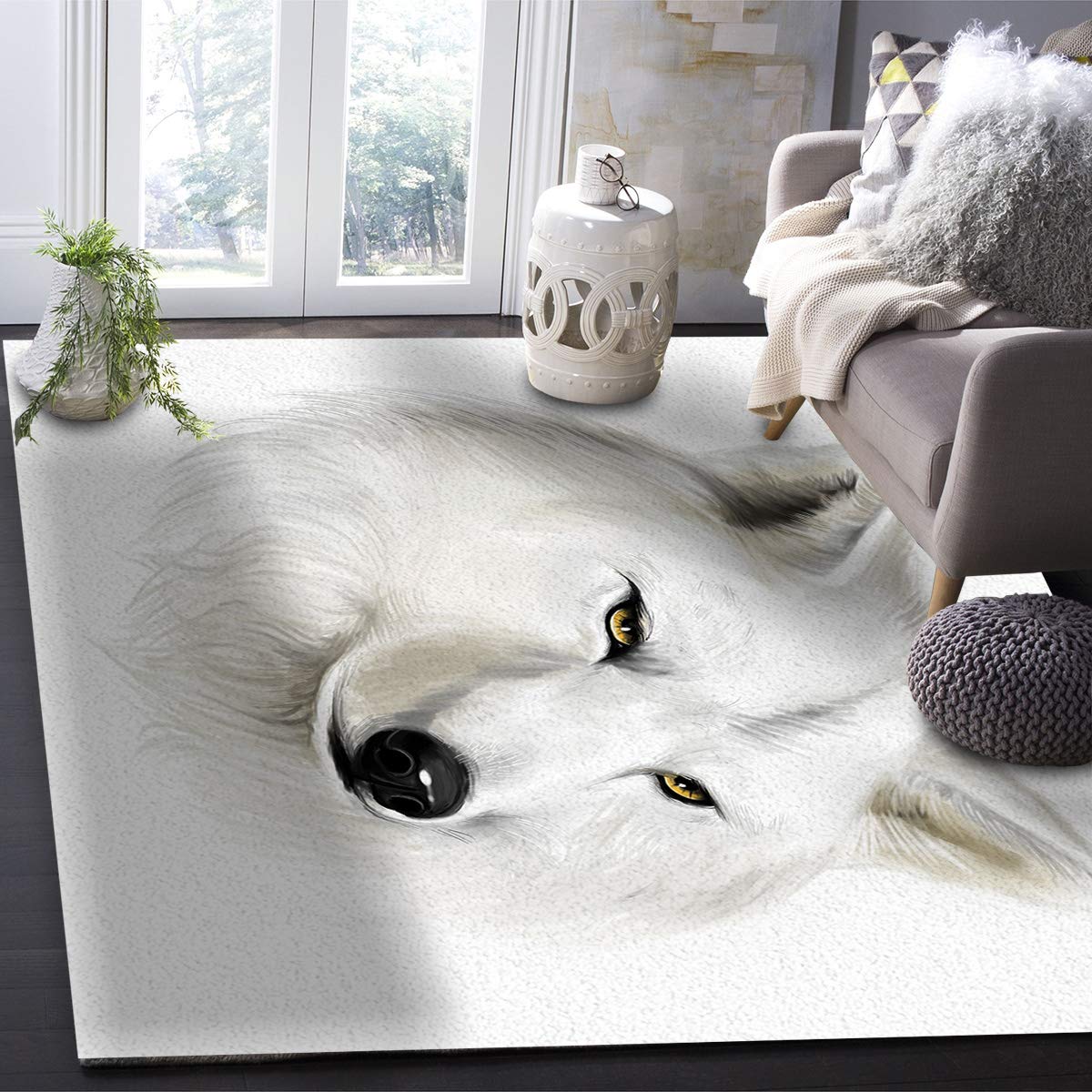 4'x6' Non-Shedding Boho Outdoor Rug - Waterproof Area Carpet for Bedroom, Living Room, Entryway & Kitchen Decor | White Wolf Pattern Home Decor | Perfect for Patio, Bathroom & High Traffic Areas