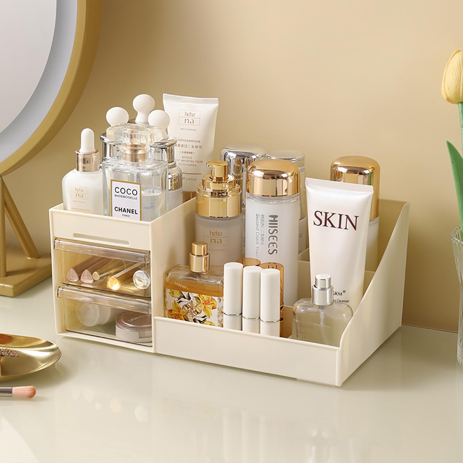 3-Drawer Plastic Makeup Organizer - Large Capacity Cosmetic Storage for Vanity | Small Beige Makeup Display Case | Perfect for Bedroom, Bathroom & Travel Organization