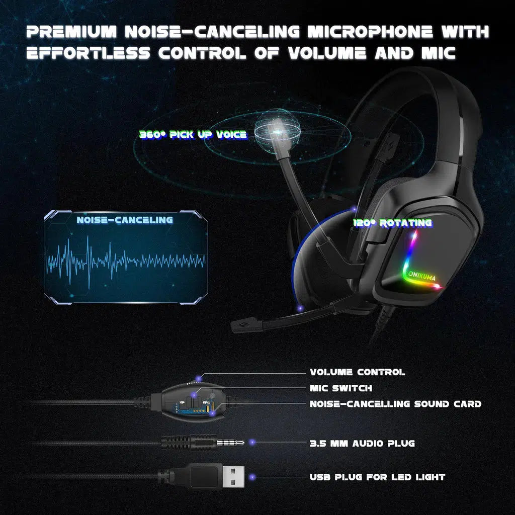 ONIKUMA K20 Wired Gaming Headset with Noise-Canceling Microphone & RGB Lighting - Perfect for PC, PS4, Xbox Gaming & Online Classes