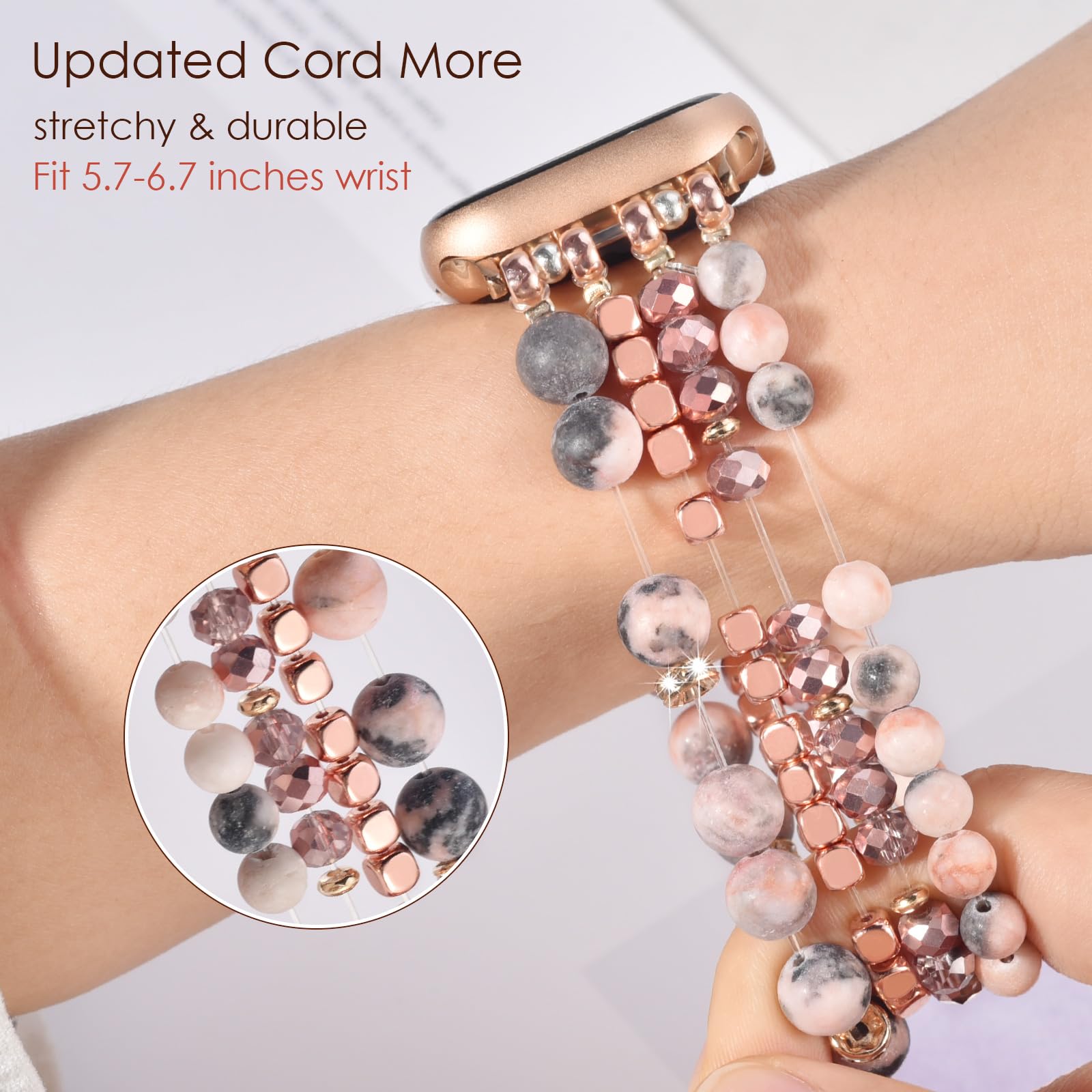 Natural Stone Beaded Stretch Bracelet Compatible with Apple Watch 38mm/40mm/41mm/42mm/44mm/45mm - Handmade Dressy Strap for iWatch Series 9/8/7/6/5/4/3/2/1/SE - Perfect for Women's Fashion, Office Wear & Special Occasions
