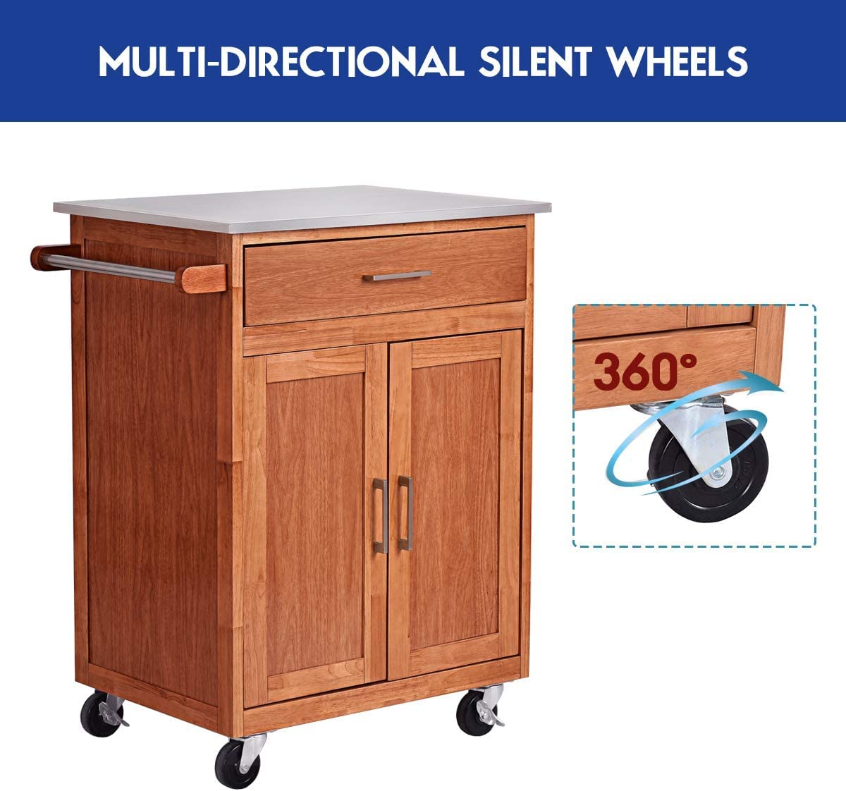 BUSHLY Kitchen Island Cart with Stainless Steel Top - Wooden Mobile Trolley with 360° Wheels, Large Storage Drawer & Towel Rack - Perfect for Kitchen, Dining Room & Living Room - Brown - Ideal for Food Prep, Extra Counter Space & Home Organization